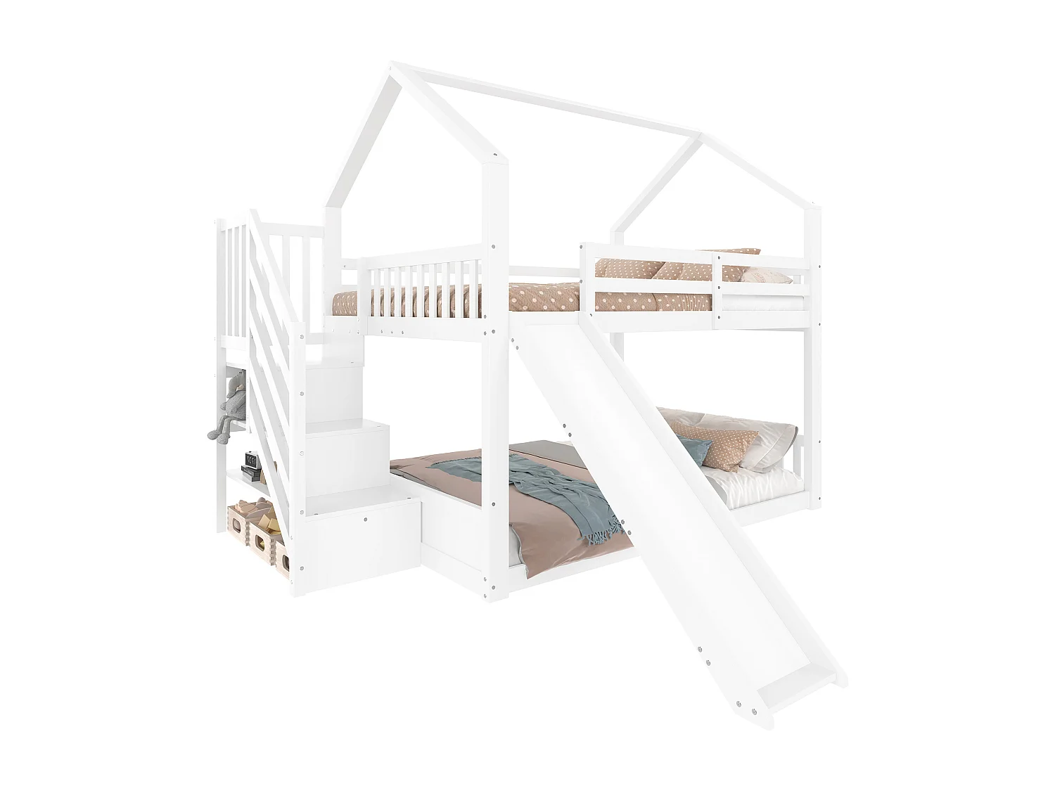 Lit superposé 140x200 cm avec toboggan, escalier de rangement et barrières, pin et MDF blanc (Sans matelas)