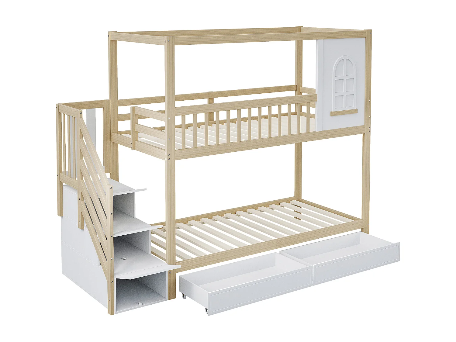 Lit superposé enfant 90x200 cm avec échelle de sécurité et tiroirs de rangement, bois, bois naturel (Sans matelas)