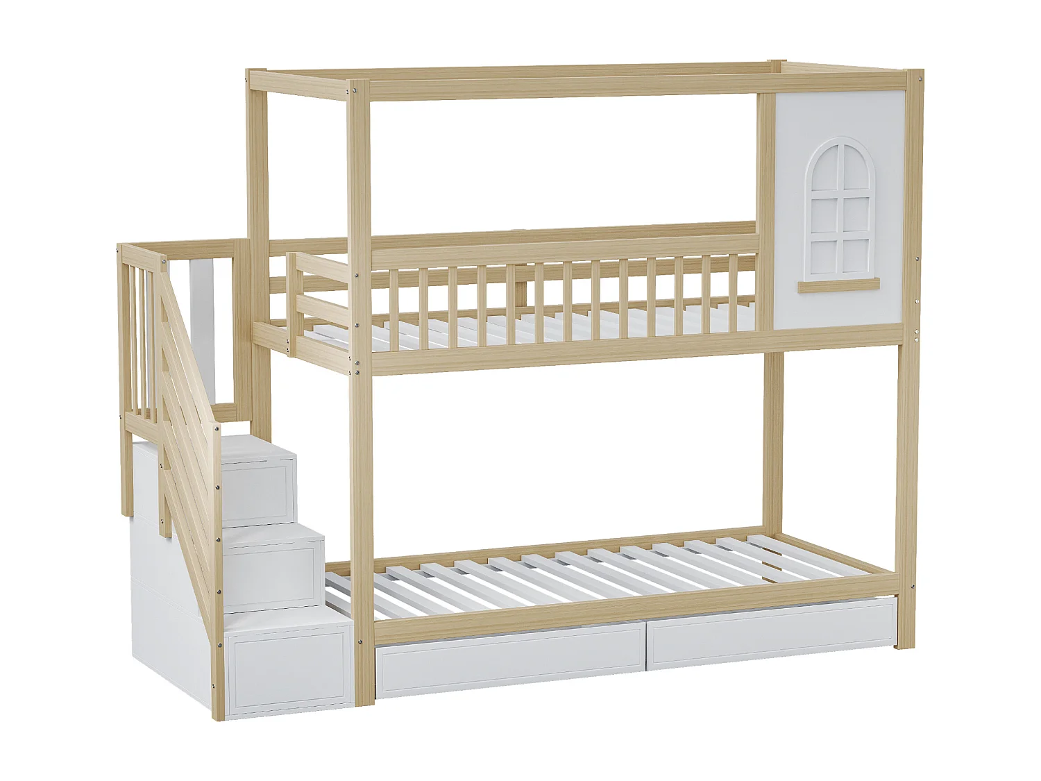 Lit superposé enfant 90x200 cm avec échelle de sécurité et tiroirs de rangement, bois, bois naturel (Sans matelas)