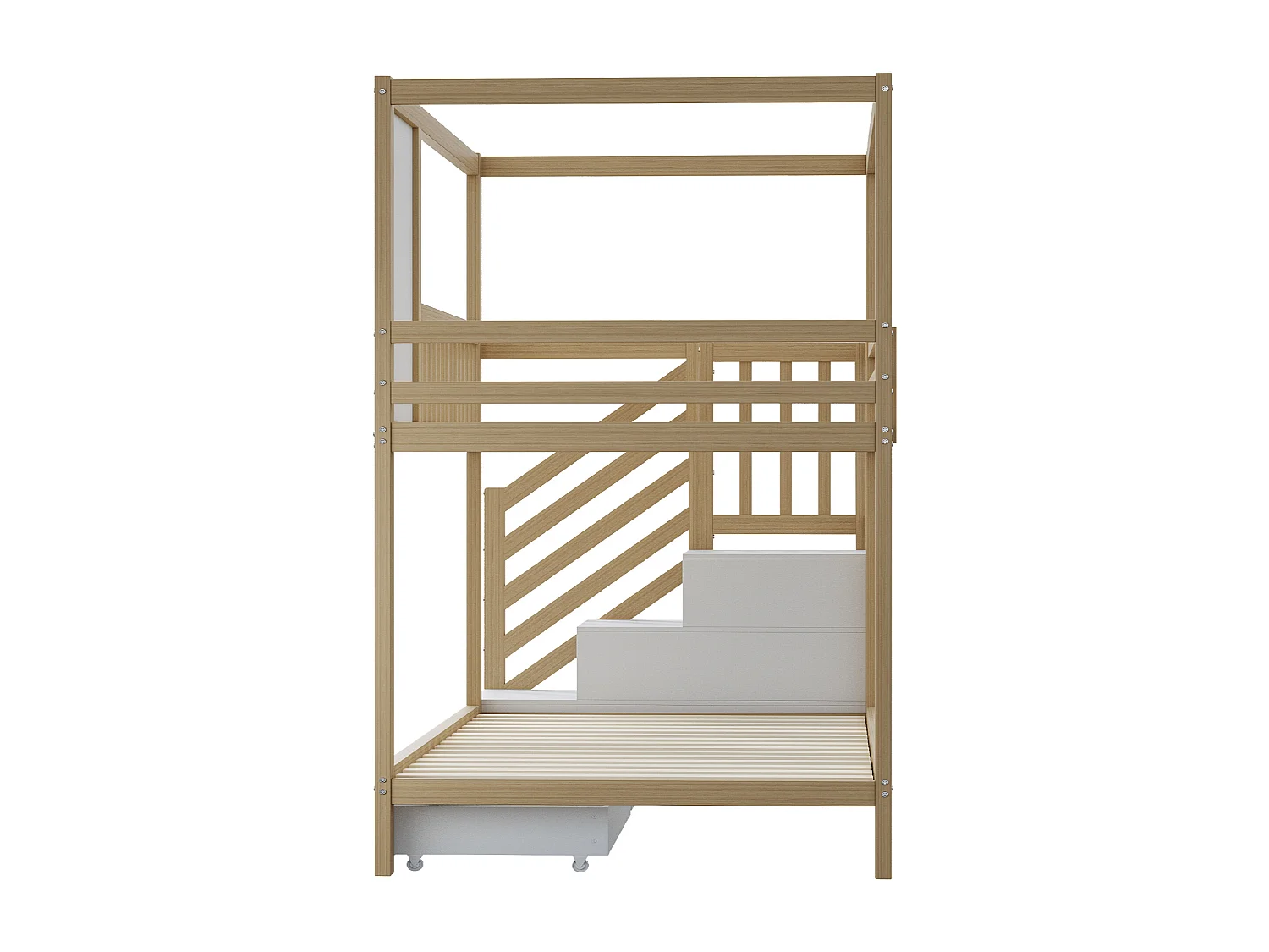 Lit superposé enfant 90x200 cm avec échelle de sécurité et tiroirs de rangement, bois, bois naturel (Sans matelas)