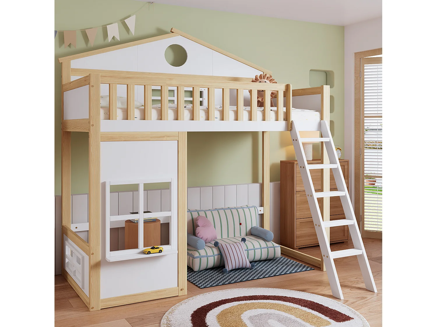 Lit superposé 90x200cm avec échelle et rambarde Matériau MDF en blanc pour enfants et adolescents