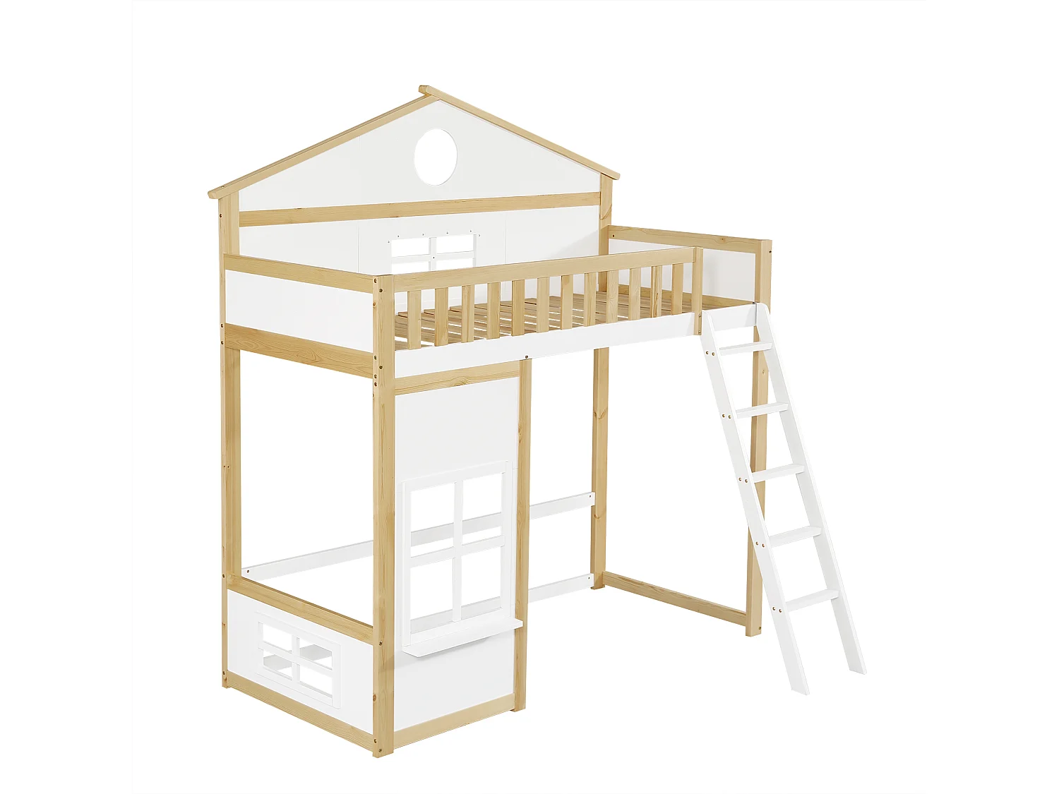Lit superposé 90x200 cm avec escalier, barrières et fenêtres, bois et MDF blanc et naturel (Sans matelas)