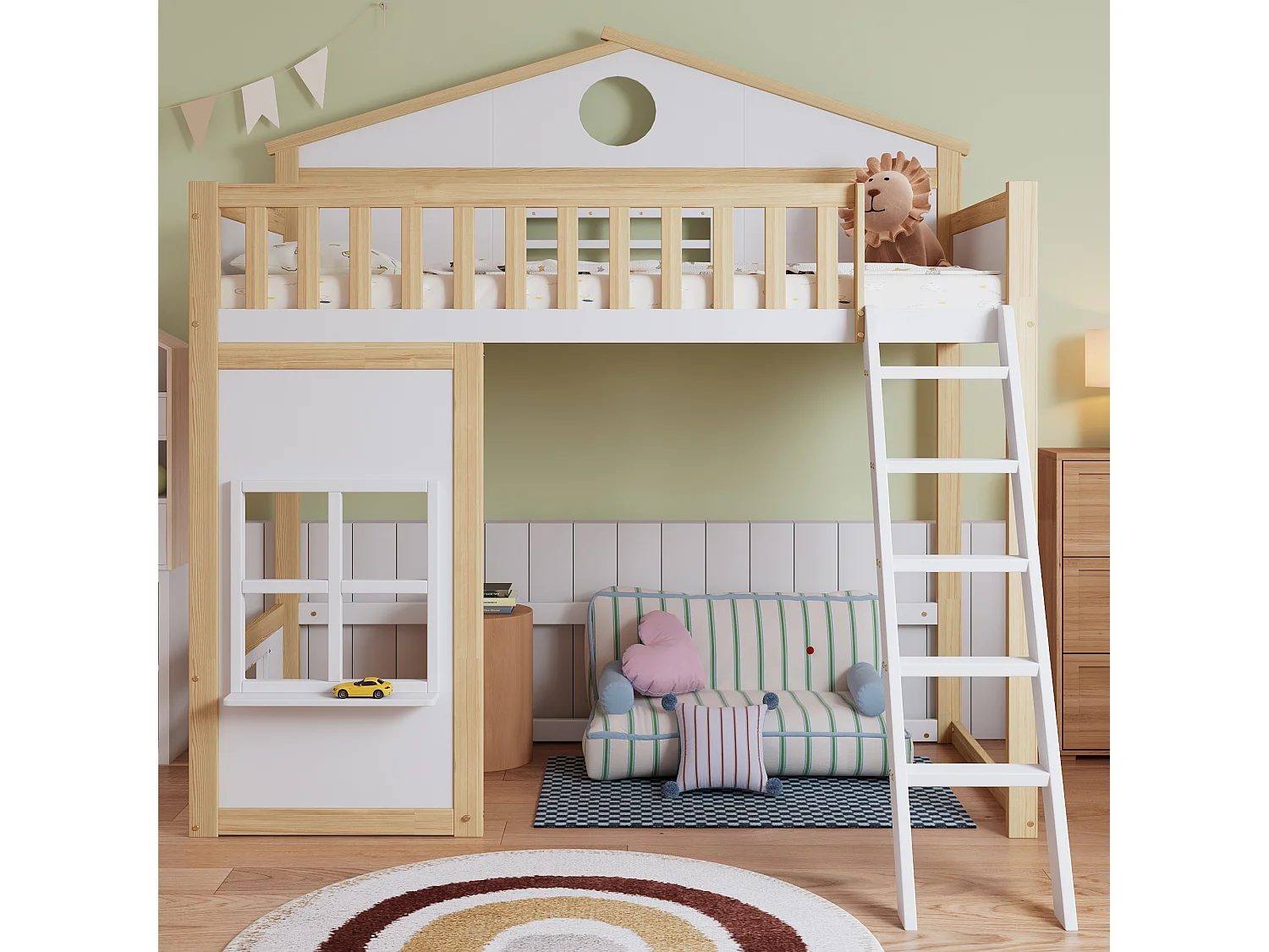 Lit superposé 90x200 cm avec escalier, barrières et fenêtres, bois et MDF blanc et naturel (Sans matelas)