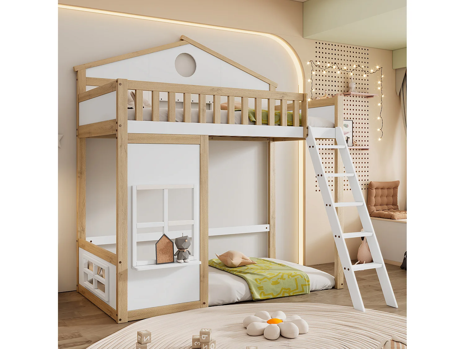 Lit superposé 90x200 cm avec escalier, barrières et fenêtres, bois et MDF blanc et naturel (Sans matelas)