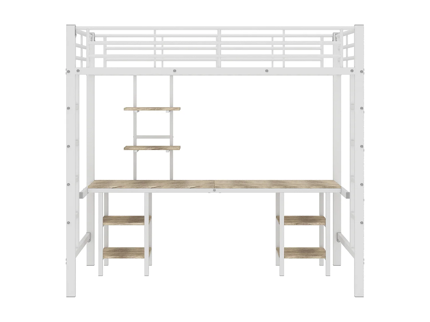 Lit superposé 90x200cm avec table et étagères et garde-corps et échelle Couleur naturelle pour enfants et adolescents