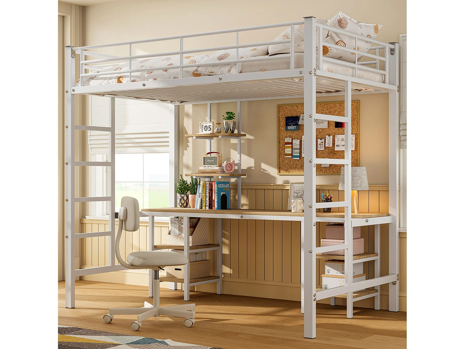 Lit mezzanine 90x200 cm avec bureau et étagères, avec échelle latérale, métal et MDF blanc (Sans matelas)