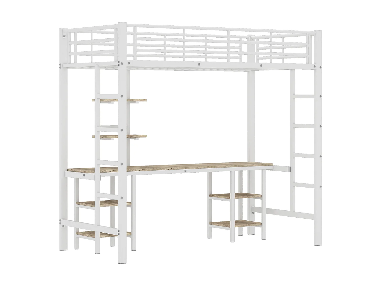 Lit mezzanine 90x200 cm avec bureau et étagères, avec échelle latérale, métal et MDF blanc (Sans matelas)