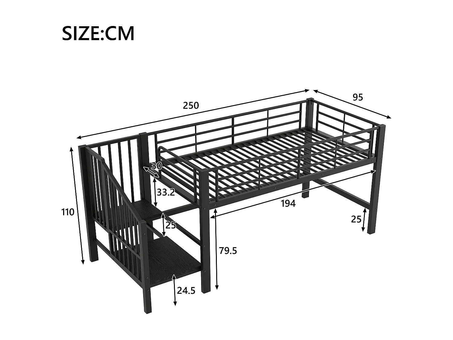 Lit superposé 90x200cm avec Échelle de rangement Matériaux MDF en noir pour enfants et adolescents
