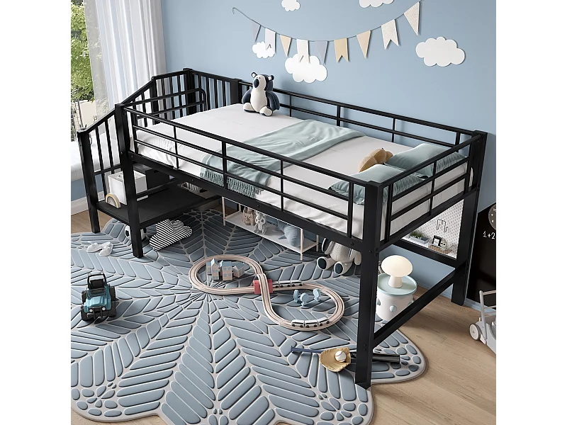 Lit superposé 90x200cm avec Échelle de rangement Matériaux MDF en noir pour enfants et adolescents