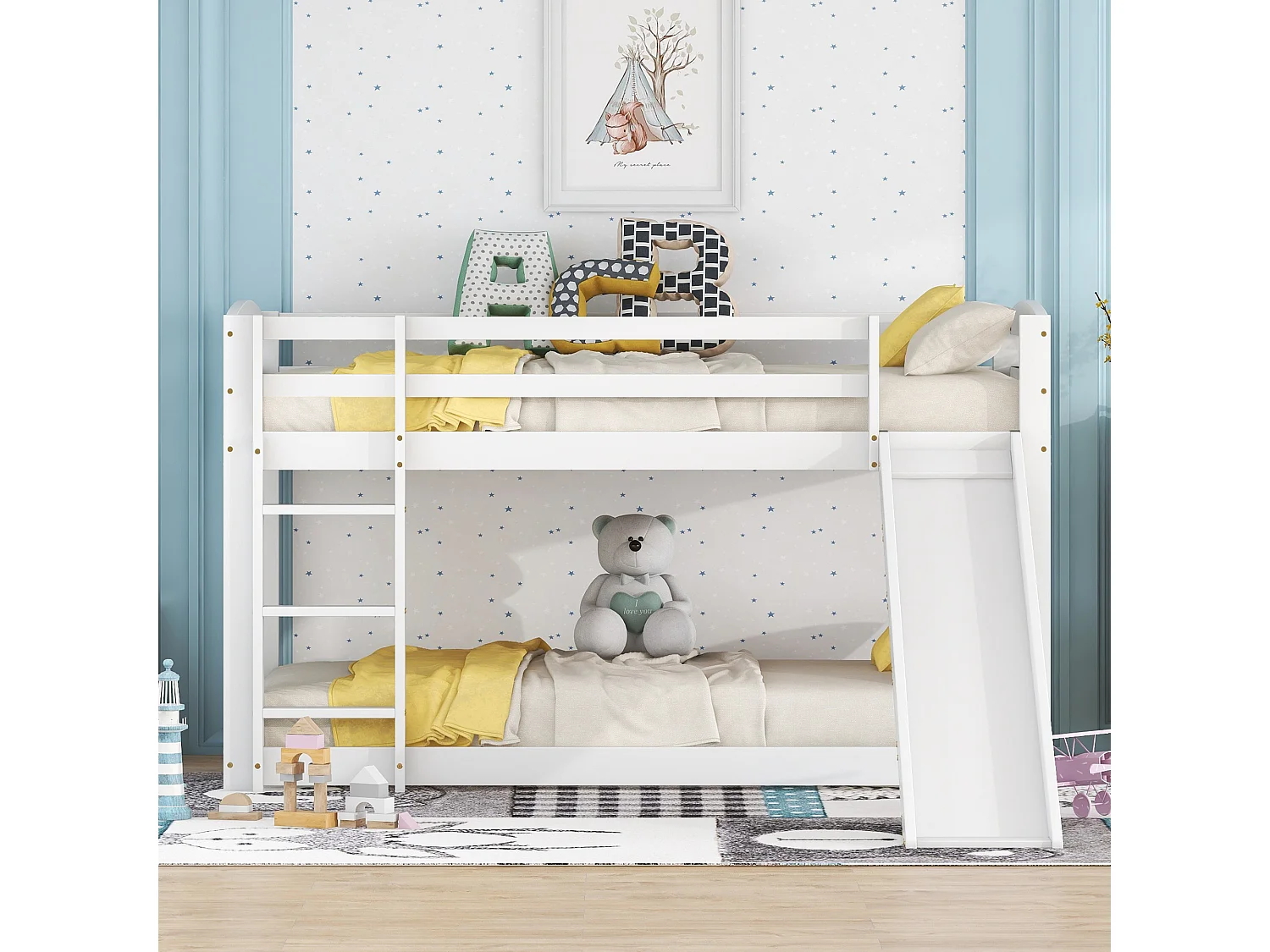Lit superposé enfant 90x200 cm avec toboggan et échelle réversibles, bois de pin et MDF, blanc (Sans matelas)