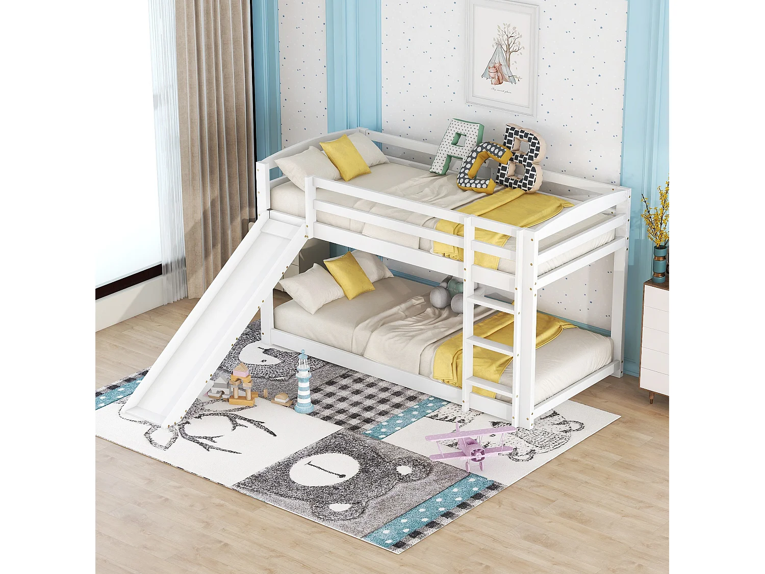 Lit superposé enfant 90x200 cm avec toboggan et échelle réversibles, bois de pin et MDF, blanc (Sans matelas)