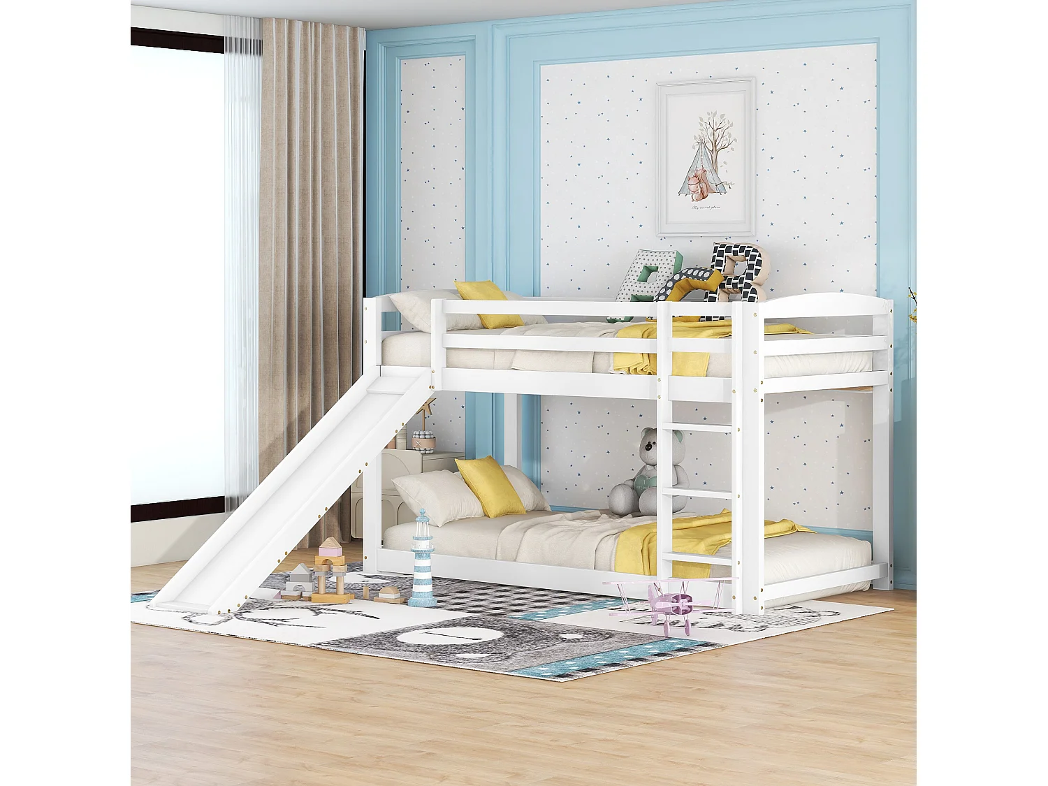 Lit superposé enfant 90x200 cm avec toboggan et échelle réversibles, bois de pin et MDF, blanc (Sans matelas)