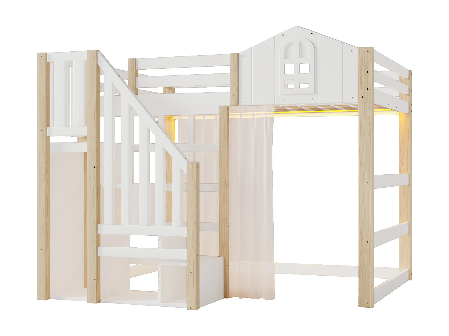 Lit mezzanine 140x200 cm avec LED, échelle de rangement et gaze, en pin, blanc et naturel (Sans matelas)