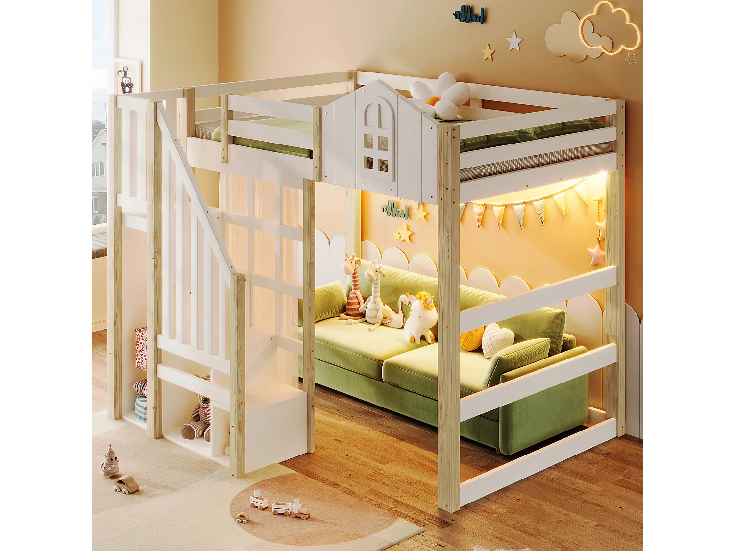 Lit mezzanine 140x200 cm avec LED, échelle de rangement et gaze, en pin, blanc et naturel (Sans matelas)