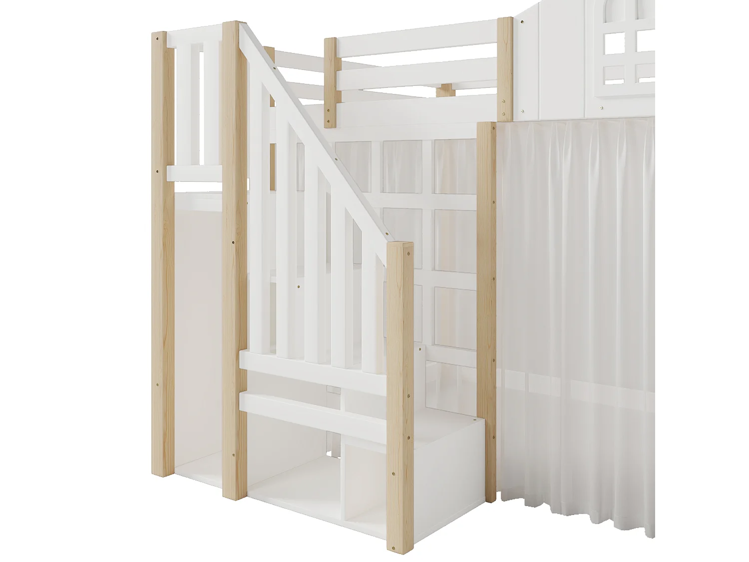 Lit mezzanine 140x200 cm avec LED, échelle de rangement et gaze, en pin, blanc et naturel (Sans matelas)