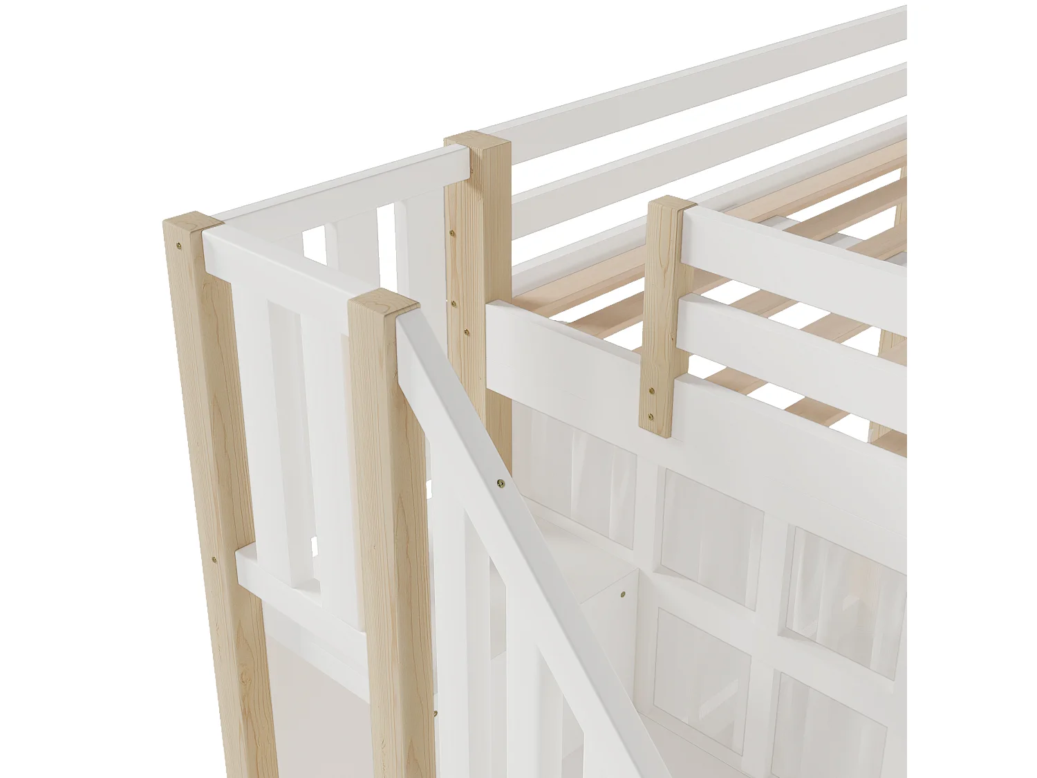 Lit mezzanine 140x200 cm avec LED, échelle de rangement et gaze, en pin, blanc et naturel (Sans matelas)