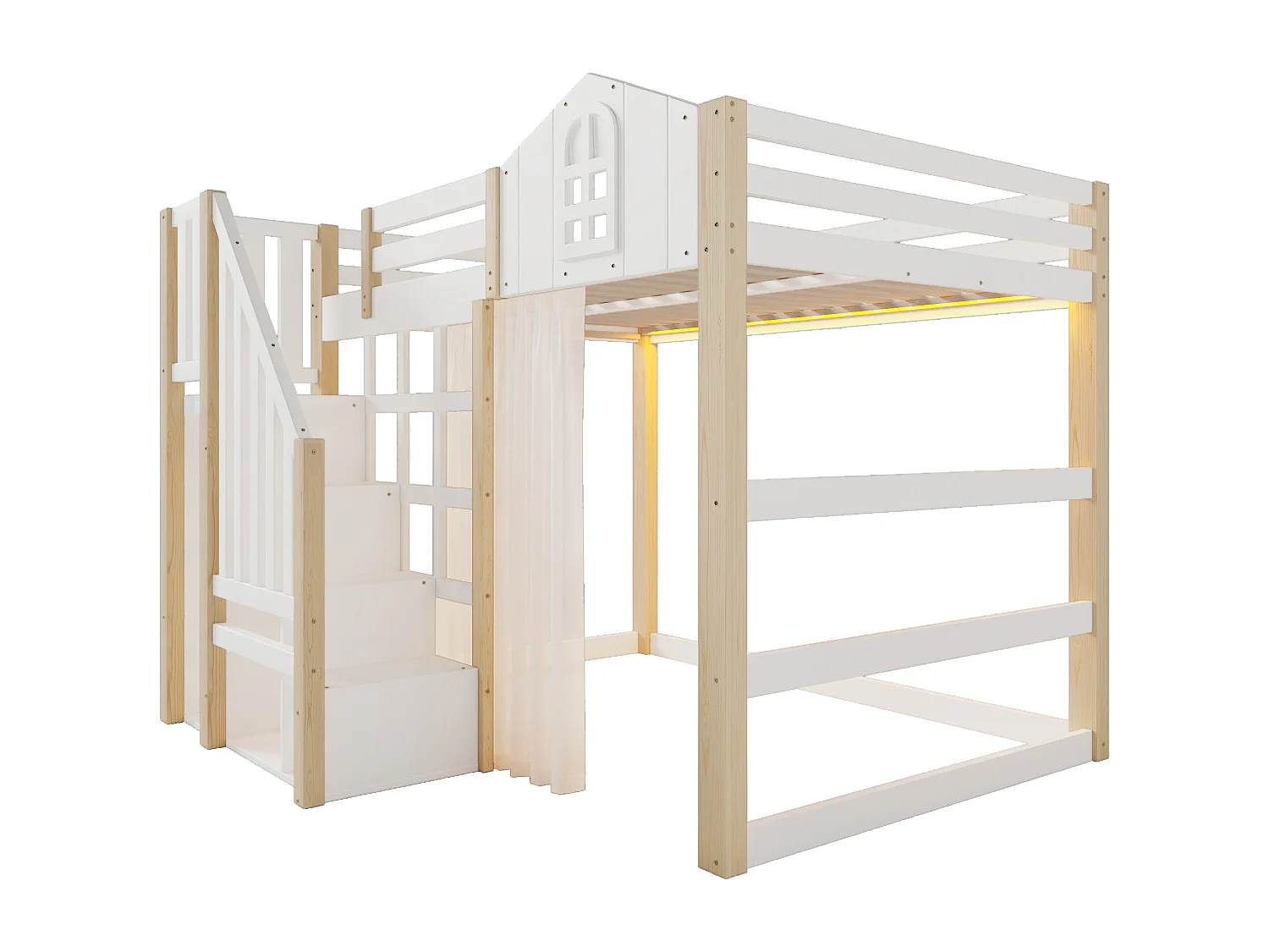 Lit mezzanine 140x200 cm avec LED, échelle de rangement et gaze, en pin, blanc et naturel (Sans matelas)