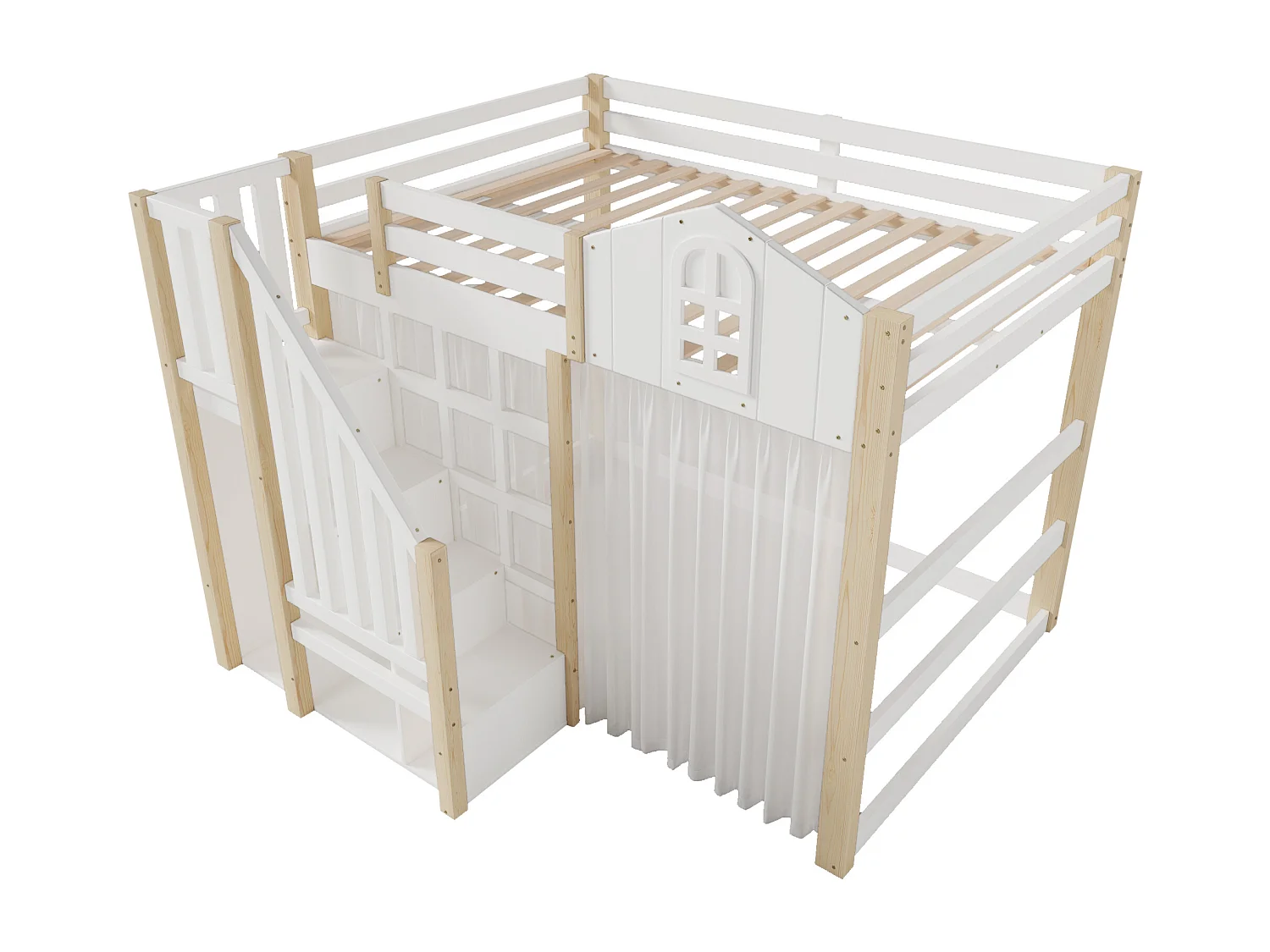 Lit mezzanine 140x200 cm avec LED, échelle de rangement et gaze, en pin, blanc et naturel (Sans matelas)