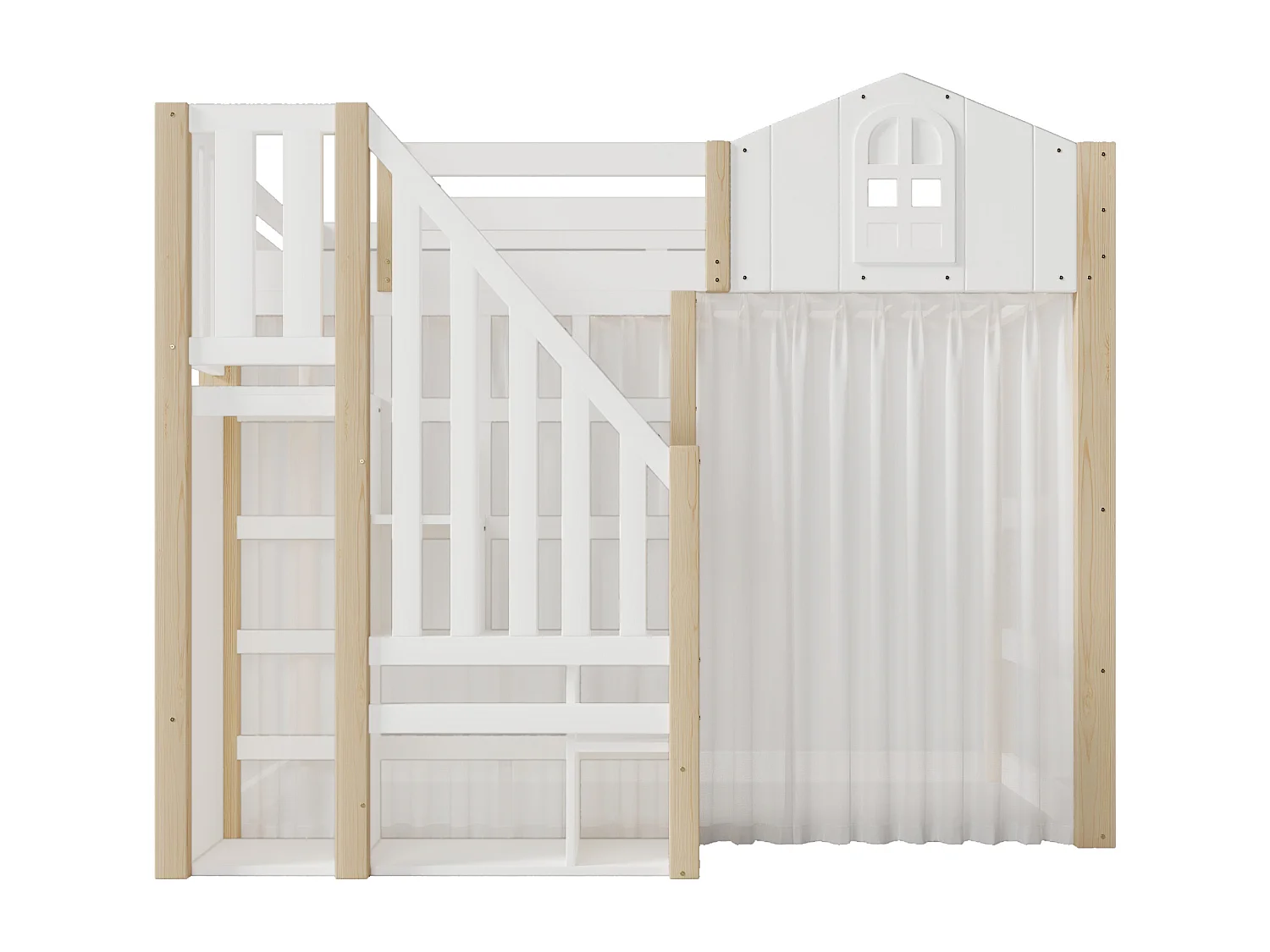 Lit mezzanine 140x200 cm avec LED, échelle de rangement et gaze, en pin, blanc et naturel (Sans matelas)