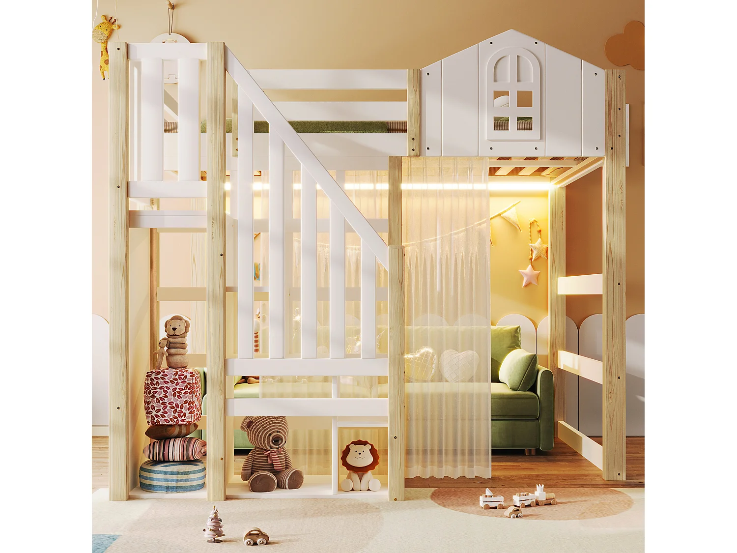 Lit mezzanine 140x200 cm avec LED, échelle de rangement et gaze, en pin, blanc et naturel (Sans matelas)
