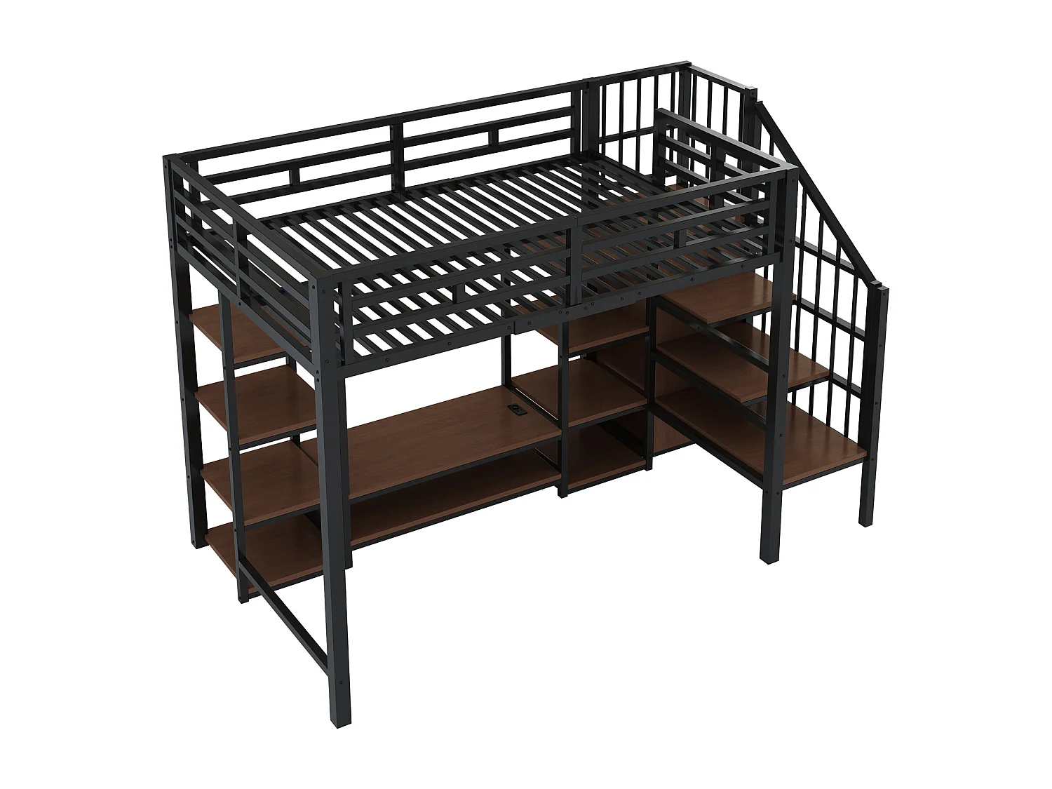 Lit mezzanine 90x200 cm avec support TV, prise et échelle de rangement en métal noir (Sans matelas)