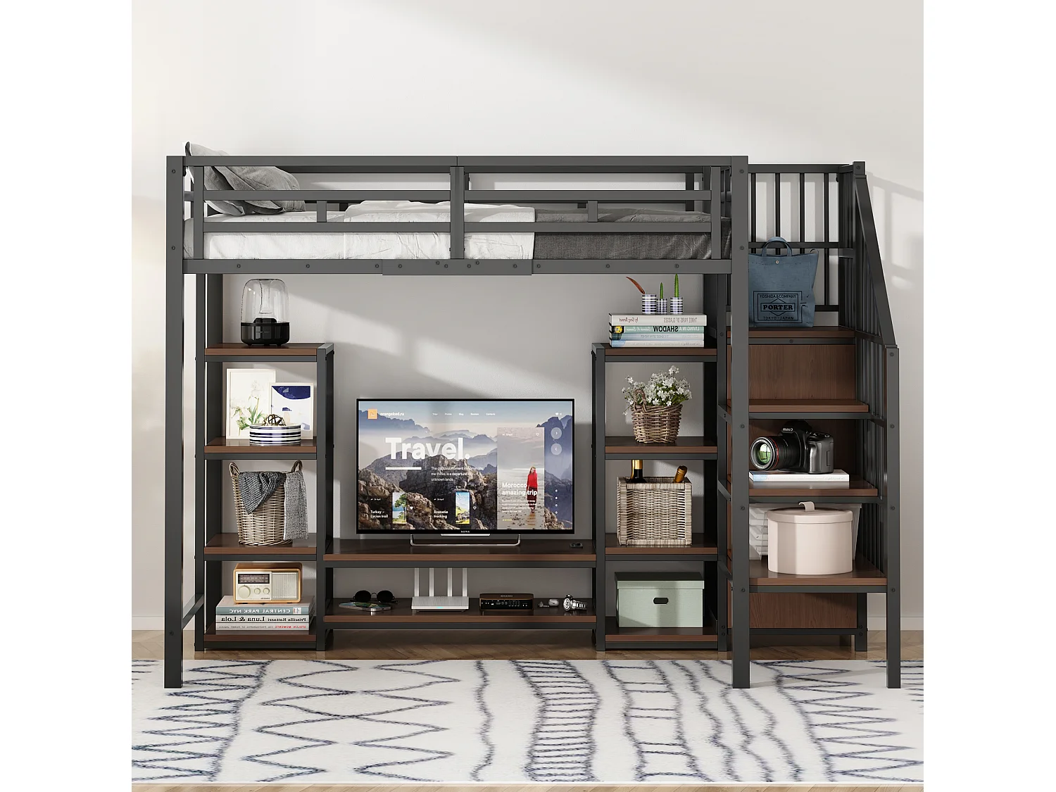 Lit mezzanine 90x200 cm avec support TV, prise et échelle de rangement en métal noir (Sans matelas)