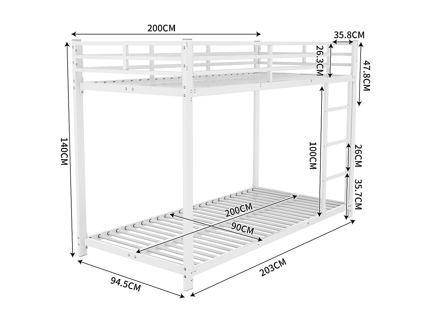 Lit superposé enfant 90x200 cm avec barrières de sécurité, sommier à lattes métal blanc (Sans matelas)