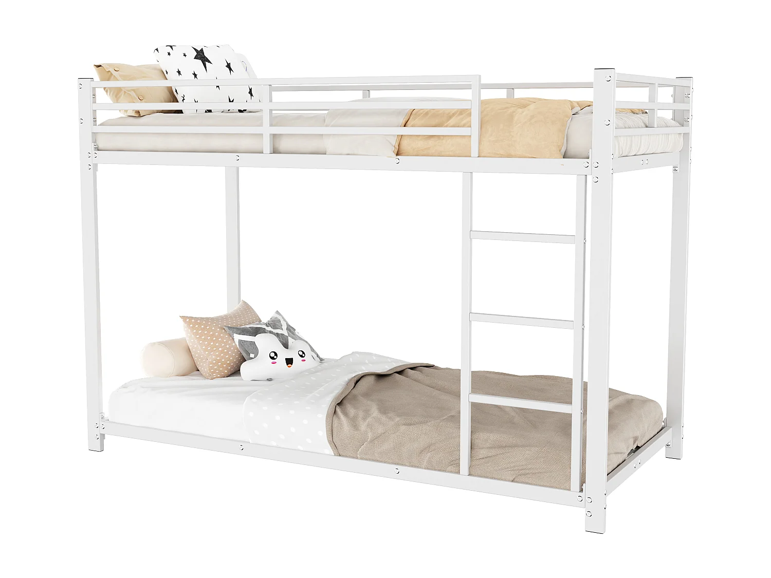 Lit superposé enfant 90x200 cm avec barrières de sécurité, sommier à lattes métal blanc (Sans matelas)