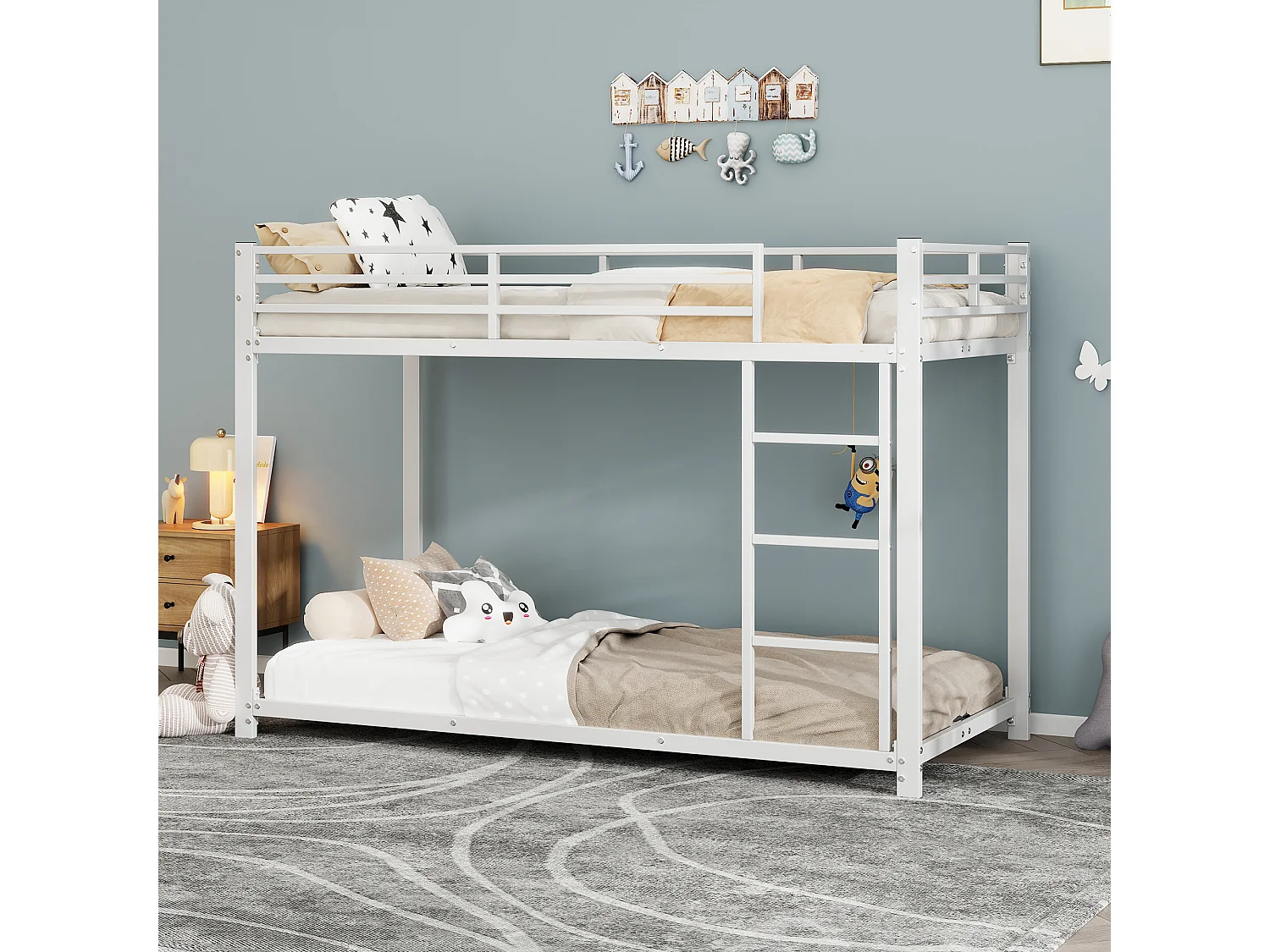 Lit superposé enfant 90x200 cm avec barrières de sécurité, sommier à lattes métal blanc (Sans matelas)