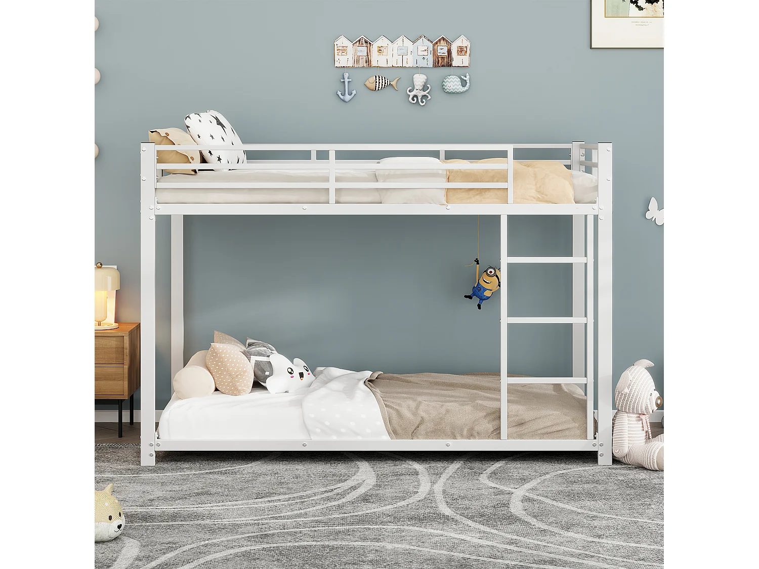 Lit superposé enfant 90x200 cm avec barrières de sécurité, sommier à lattes métal blanc (Sans matelas)