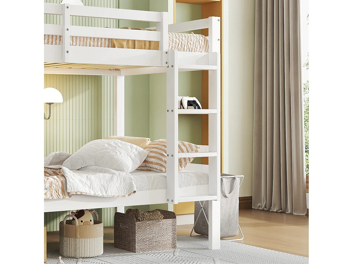 Lit superposé 90x200cm avec échelle et barrières de sécurité Structure en pin en blanc pour enfants et adolescents