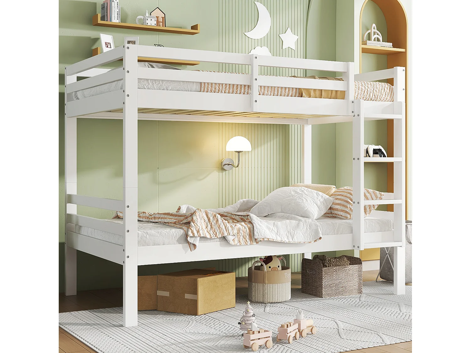 Lit superposé 90x200cm avec échelle et barrières de sécurité Structure en pin en blanc pour enfants et adolescents