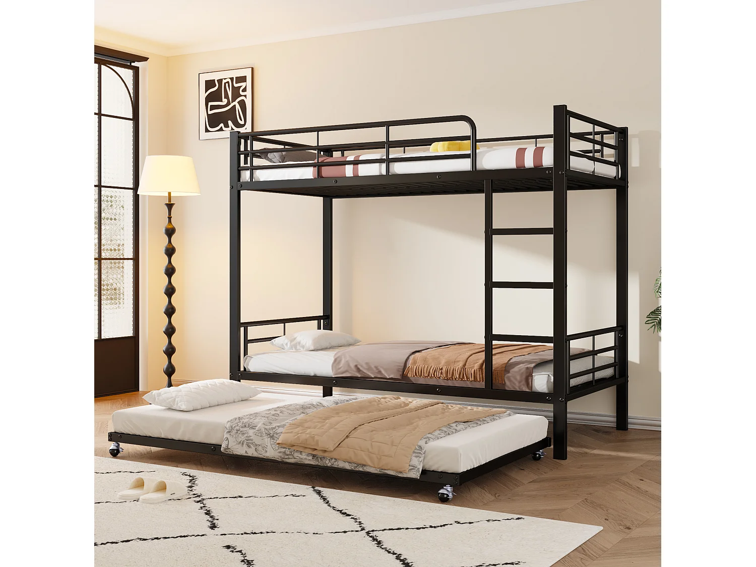 Lit superposé 90x200cm avec lit escamotable et barrières de sécurité en noir pour enfants et adolescents