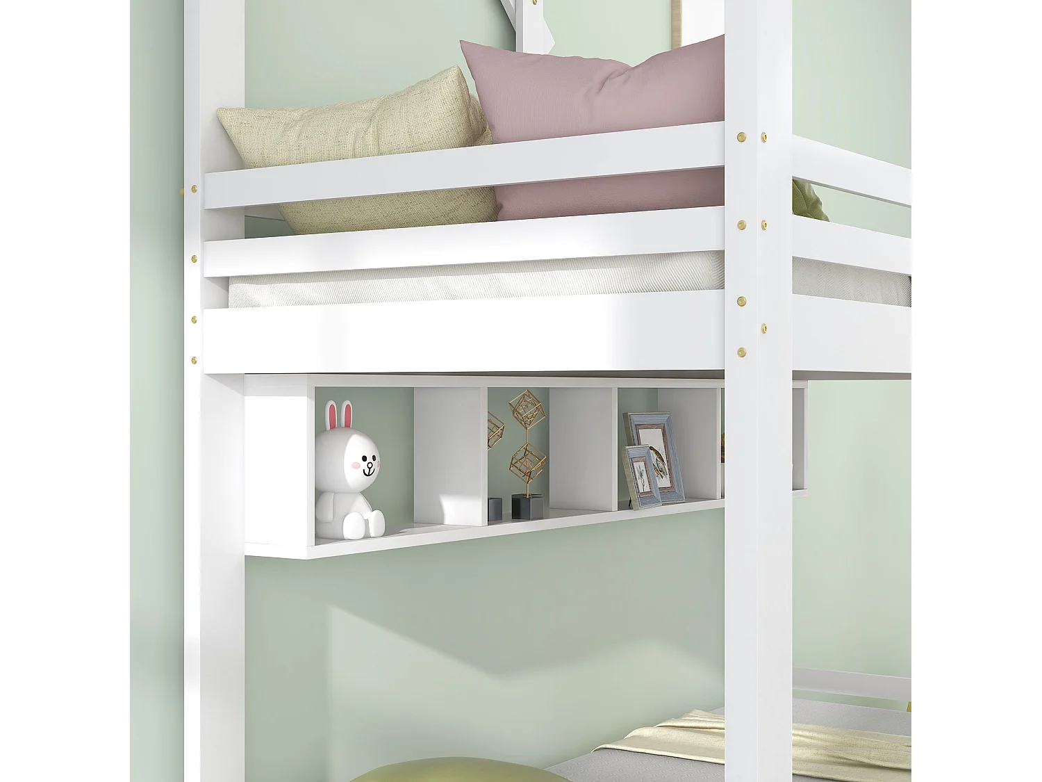 Lit superposé 90x200cm avec tiroirs et étagères et échelle et barrières de sécurité en blanc pour enfants et adolescents