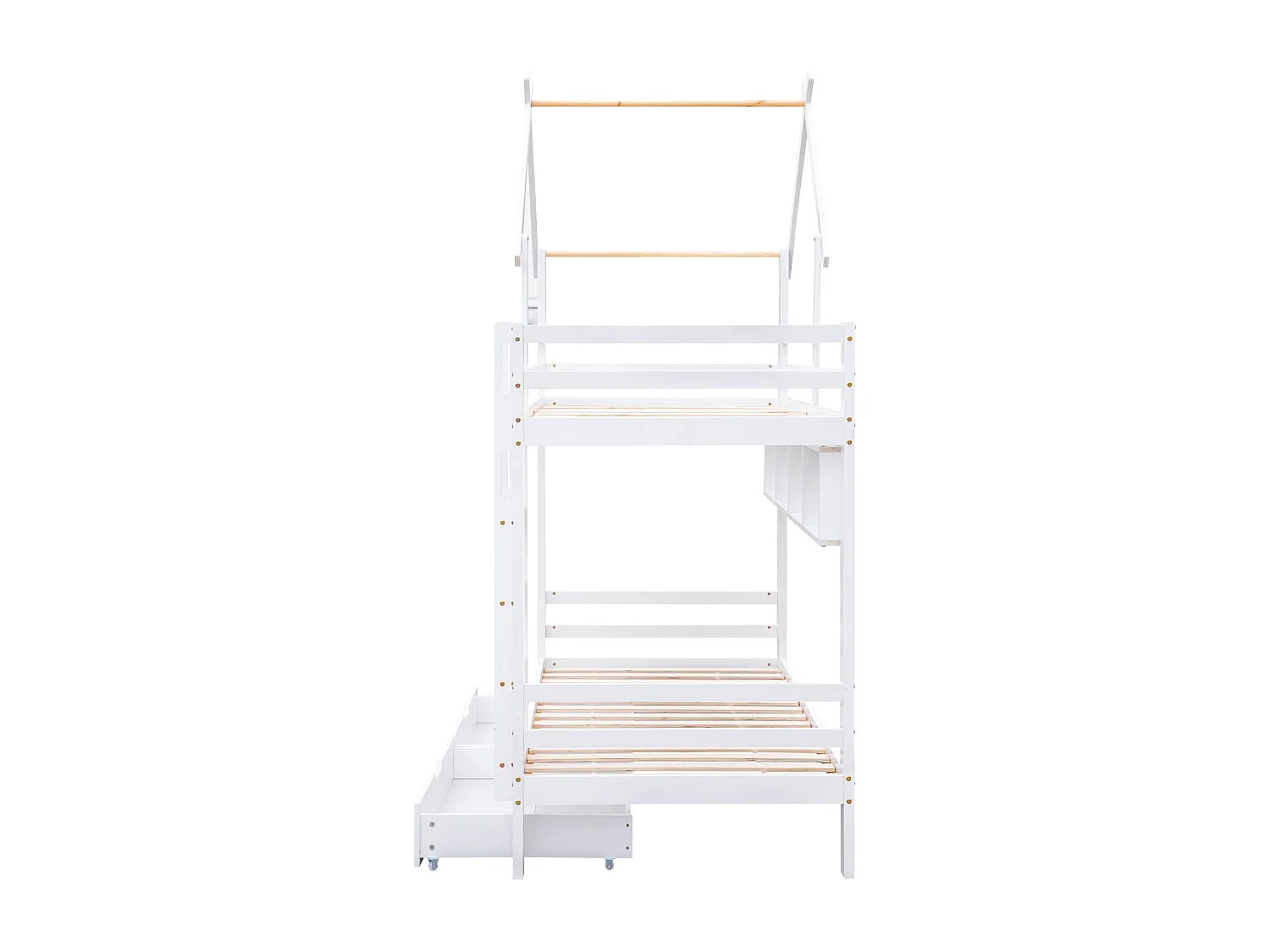 Lit superposé 90x200cm avec tiroirs et étagères et échelle et barrières de sécurité en blanc pour enfants et adolescents