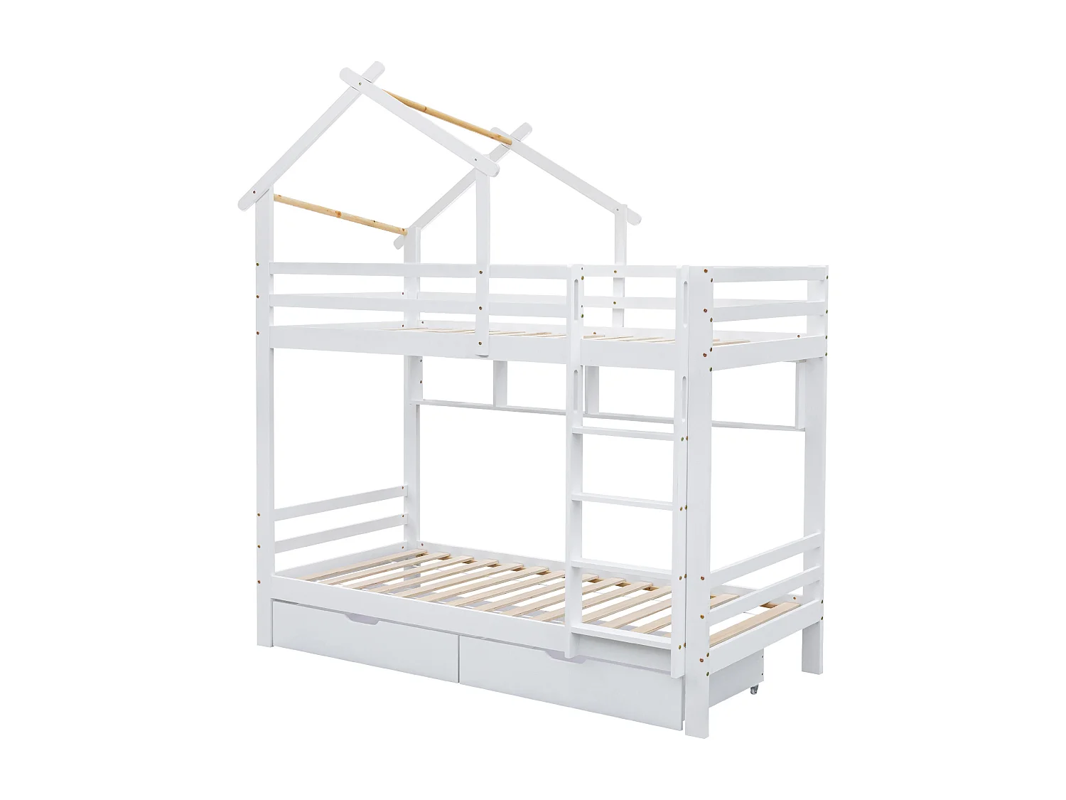 Lit superposé 90x200 cm avec tiroirs et étagères, avec échelle à angle droit, bois et MDF blanc (Sans matelas)