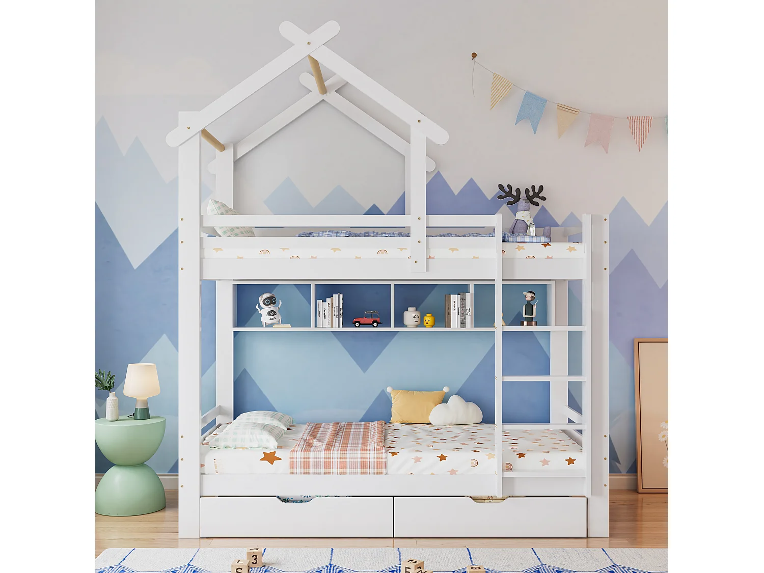 Lit superposé 90x200 cm avec tiroirs et étagères, avec échelle à angle droit, bois et MDF blanc (Sans matelas)