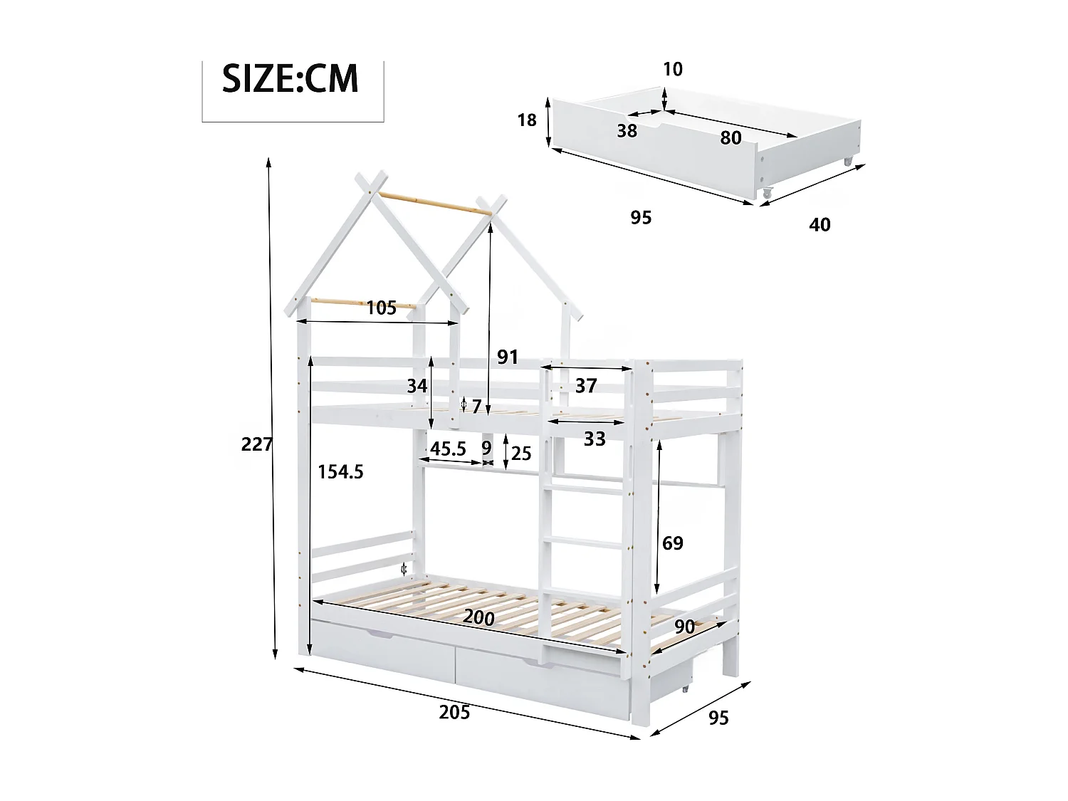 Lit superposé 90x200 cm avec tiroirs et étagères, avec échelle à angle droit, bois et MDF blanc (Sans matelas)