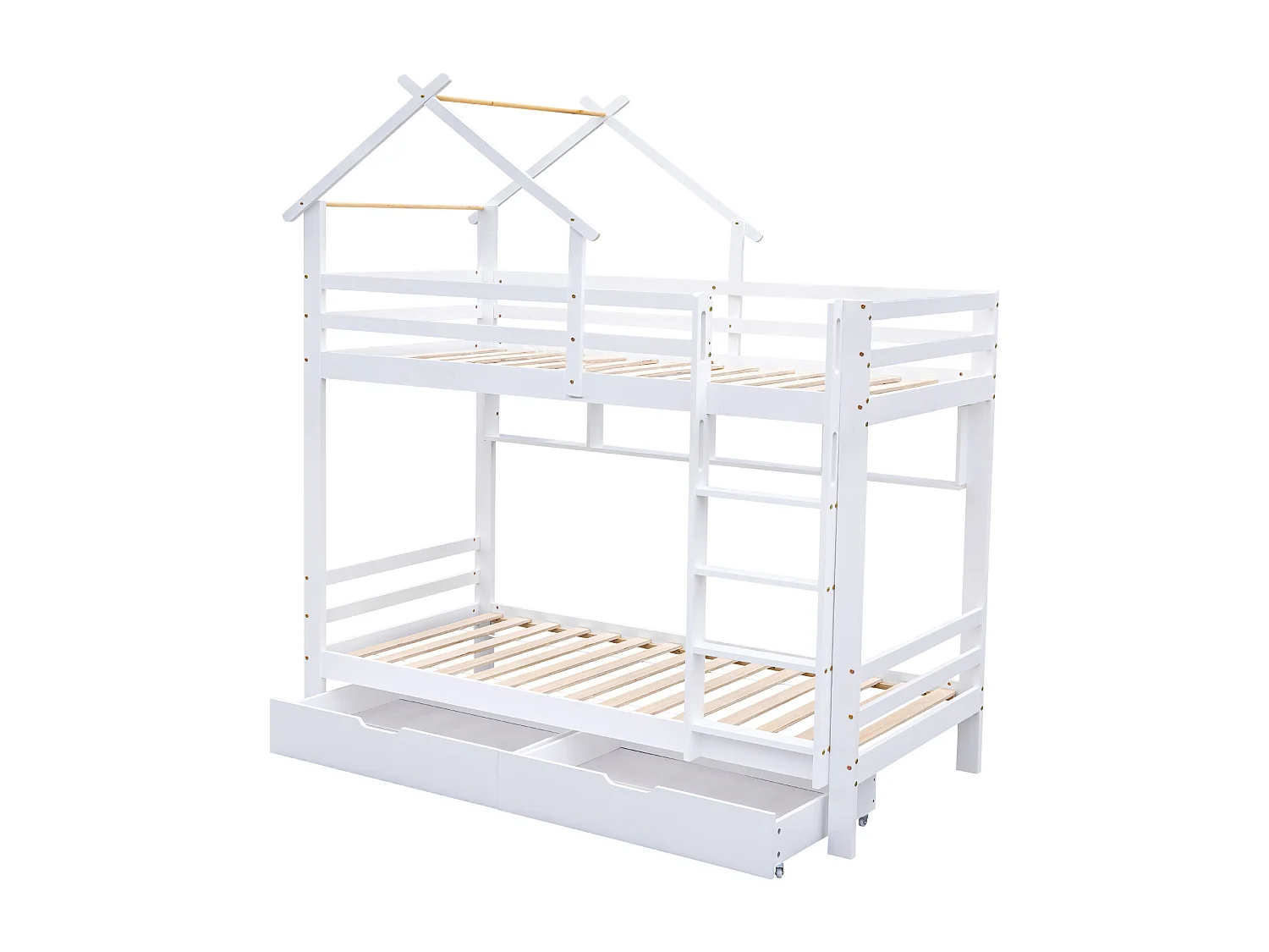 Lit superposé 90x200 cm avec tiroirs et étagères, avec échelle à angle droit, bois et MDF blanc (Sans matelas)