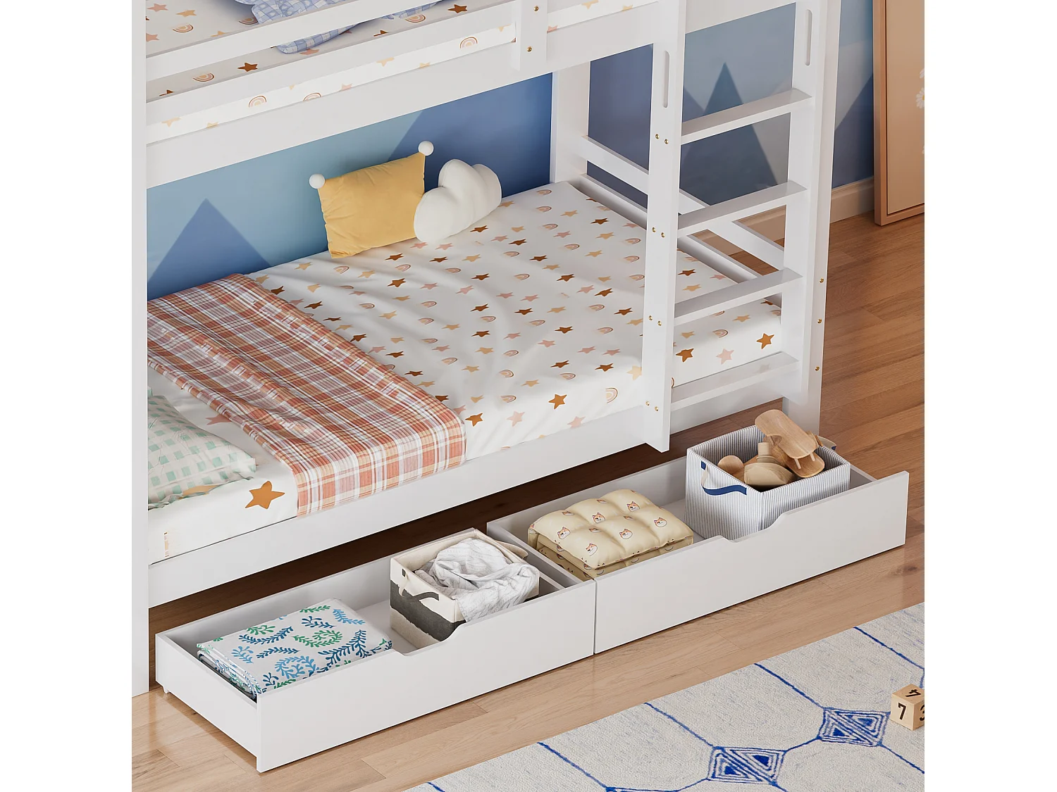 Lit superposé 90x200 cm avec tiroirs et étagères, avec échelle à angle droit, bois et MDF blanc (Sans matelas)