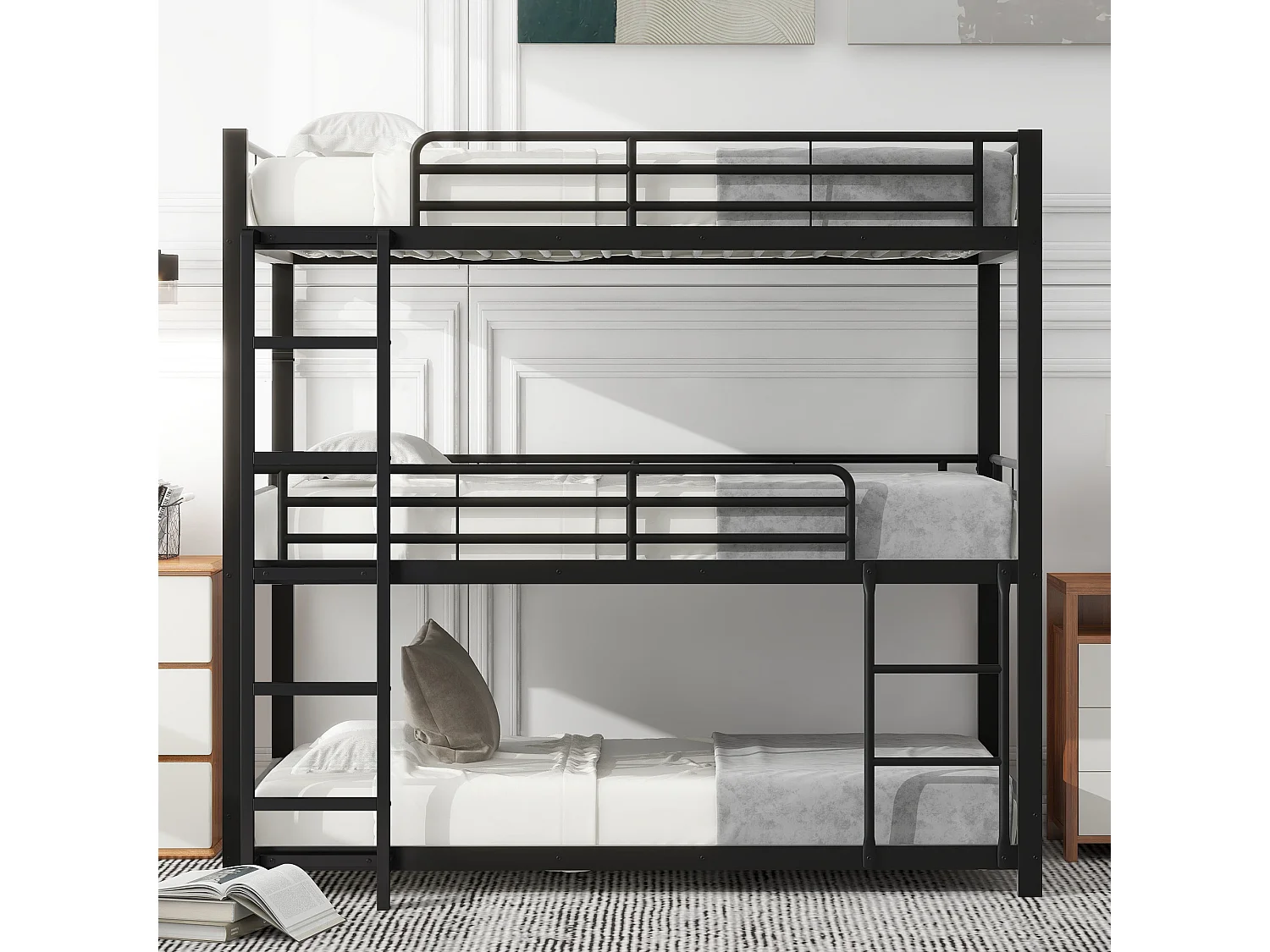 Lit superposé 90x200 cm avec gain de place, avec garde corps sécurisés, métal noir (Sans matelas)