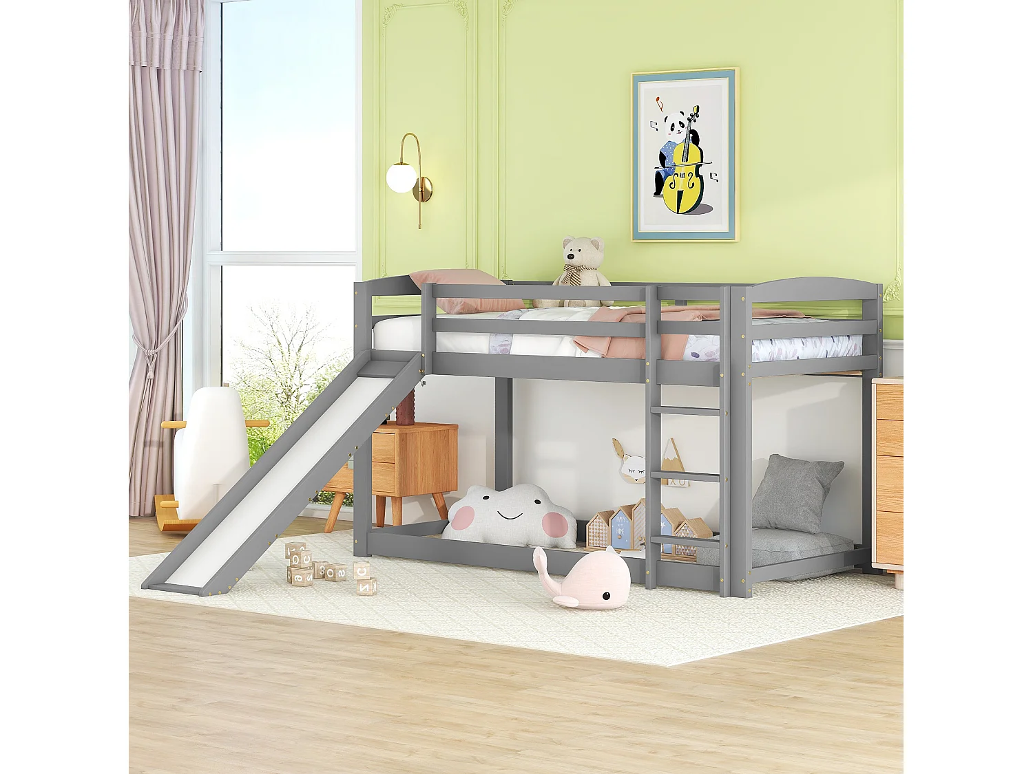 Lit superposé enfant 90x200 cm avec toboggan et échelle réversible, pin et MDF blanc (Sans matelas)