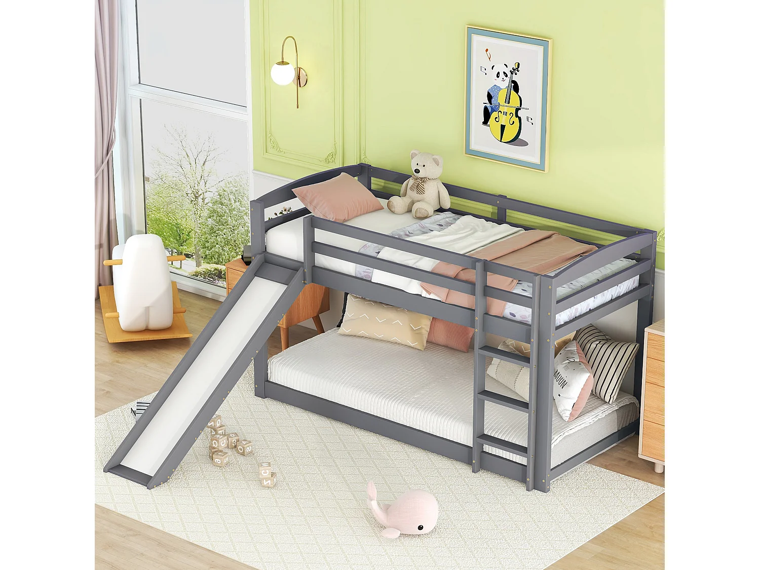 Lit superposé enfant 90x200 cm avec toboggan et échelle réversible, pin et MDF blanc (Sans matelas)