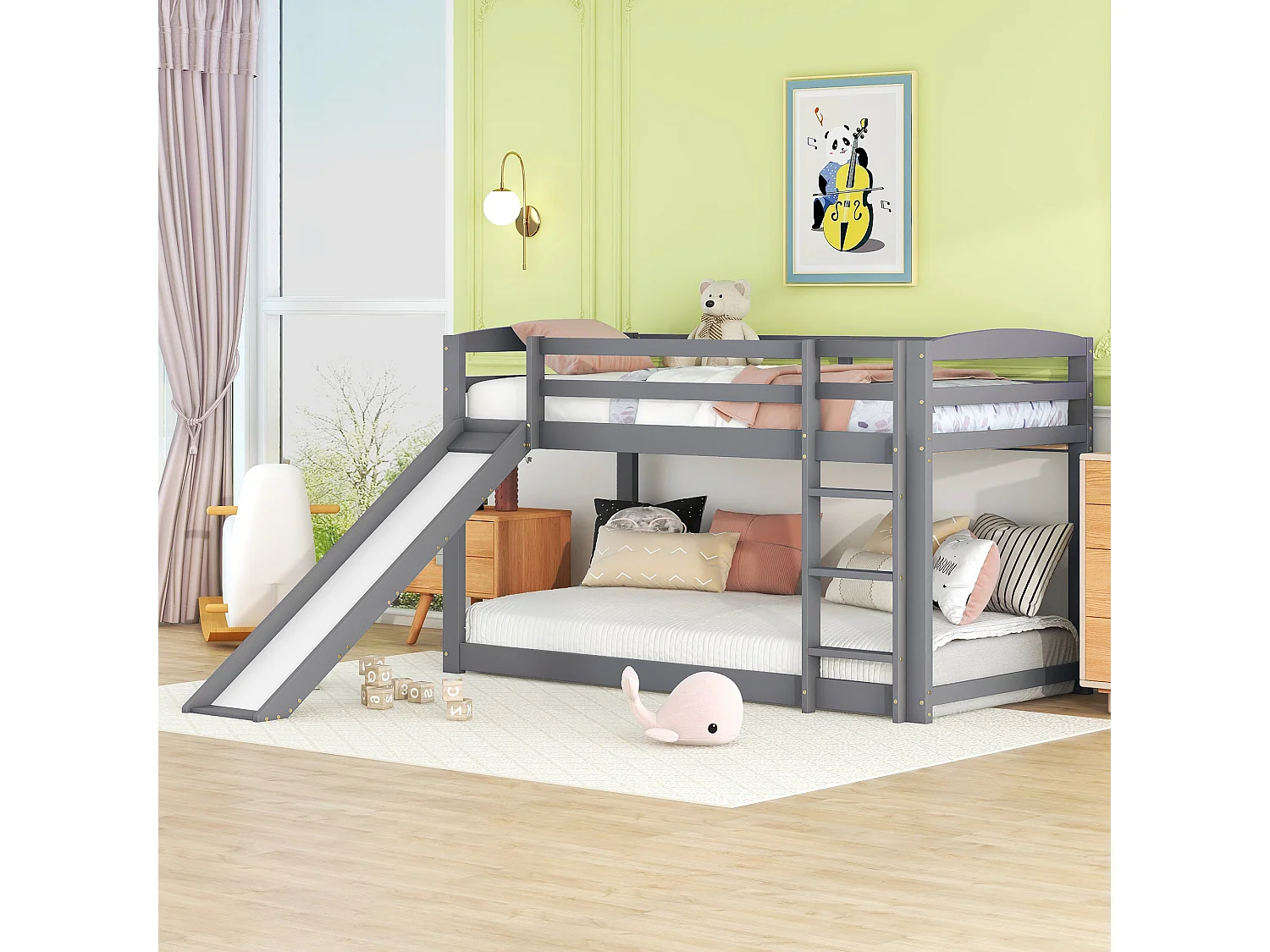 Lit superposé enfant 90x200 cm avec toboggan et échelle réversible, pin et MDF blanc (Sans matelas)