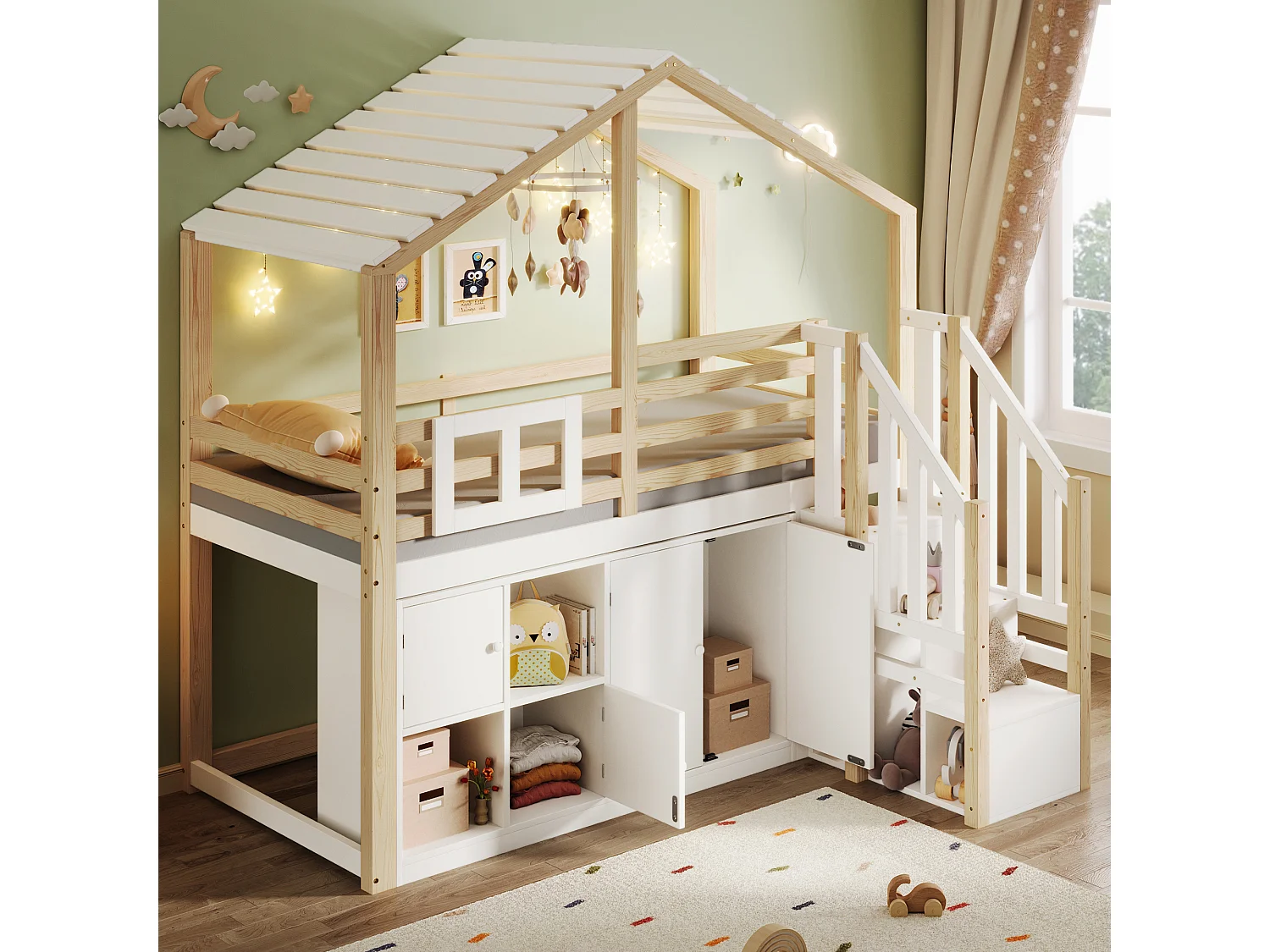 Lit superposé 90x200cm avec meuble de rangement et échelle et rambarde en blanc pour enfants et adolescents