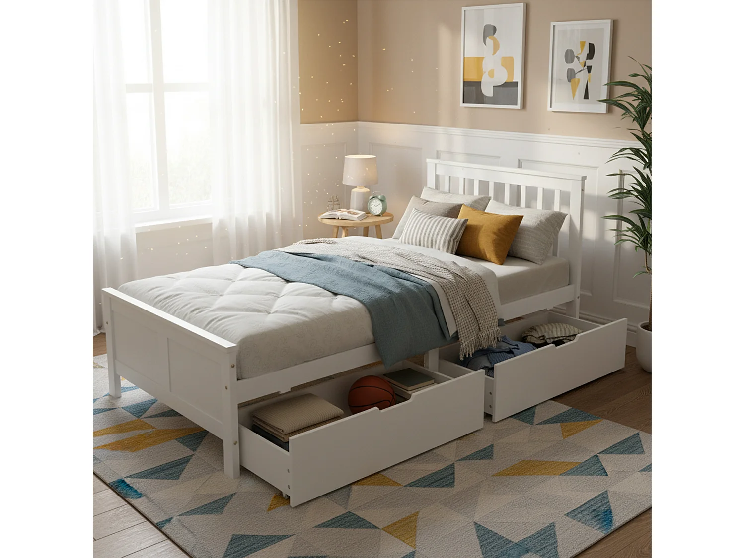 Lit simple 90x200 cm avec 2 tiroirs de rangement et tête de lit à barreaux en bois blanc (Sans matelas)