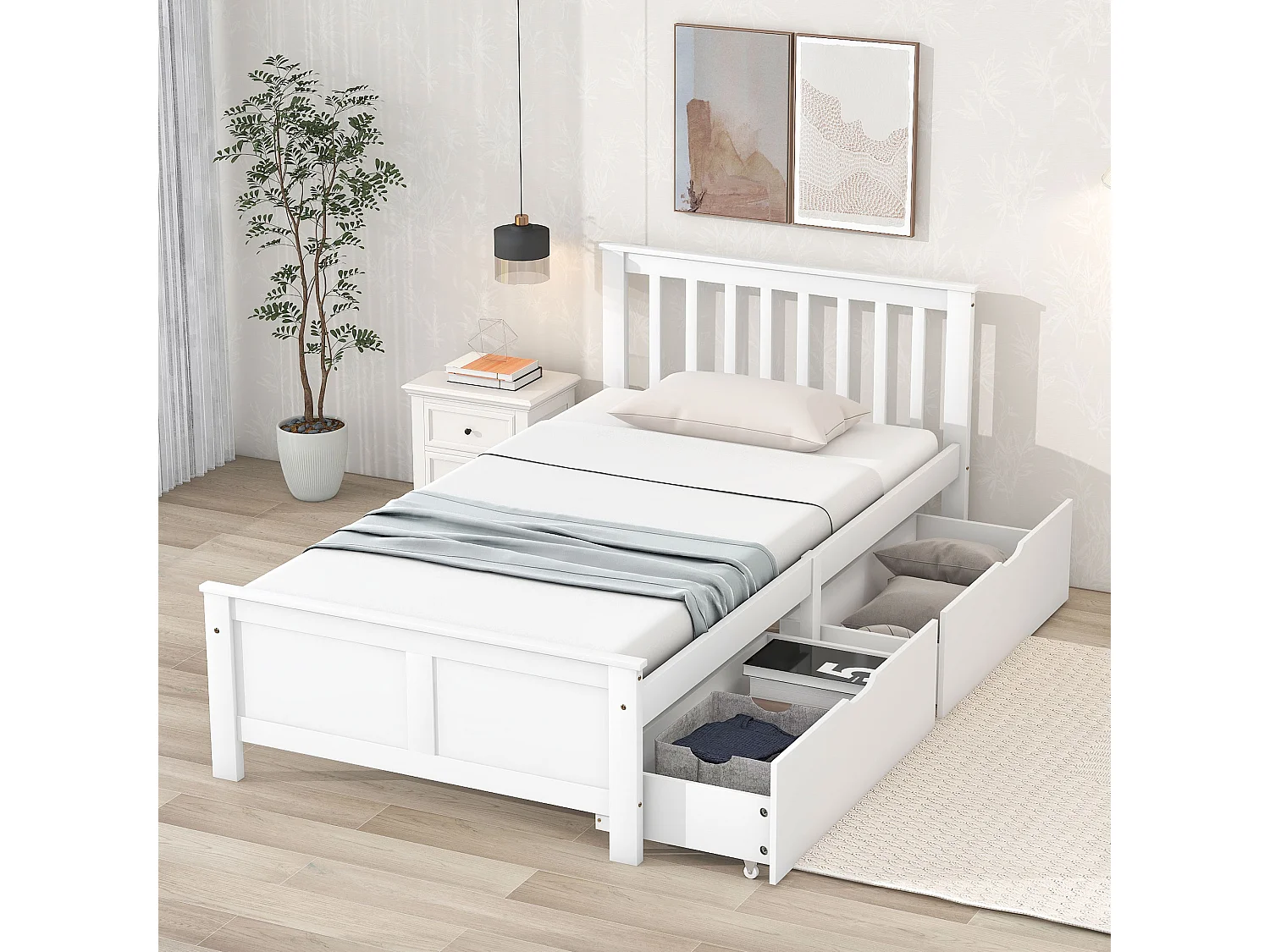 Lit simple 90x200 cm avec 2 tiroirs de rangement et tête de lit à barreaux en bois blanc (Sans matelas)