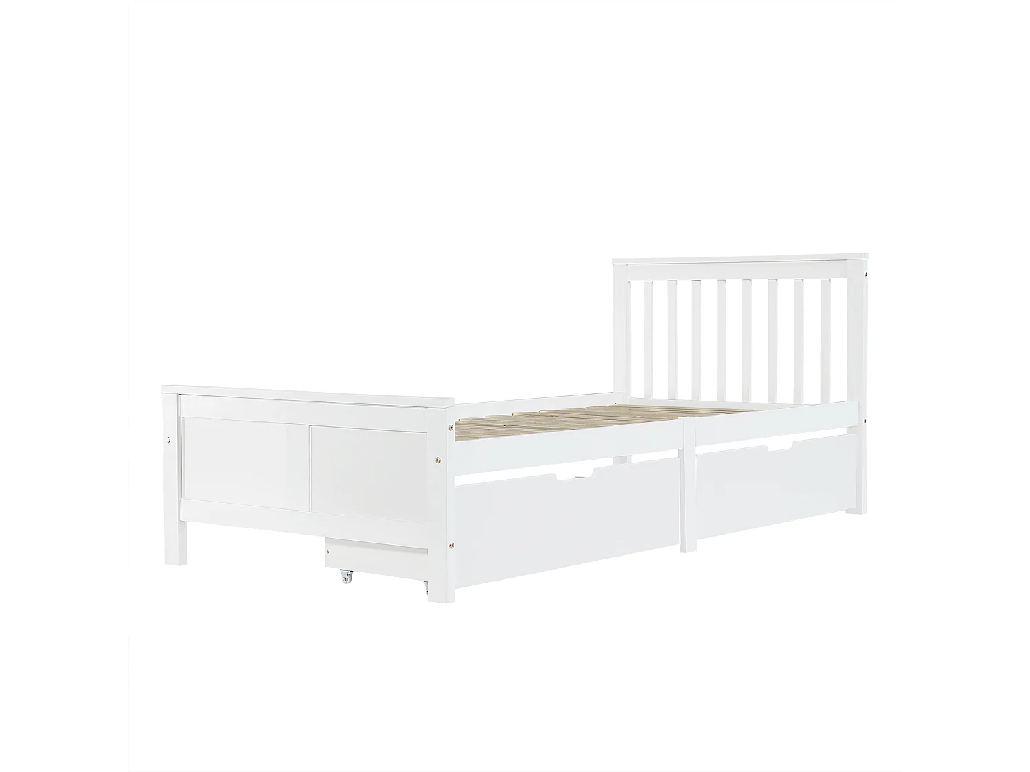 Lit simple 90x200 cm avec 2 tiroirs de rangement et tête de lit à barreaux en bois blanc (Sans matelas)