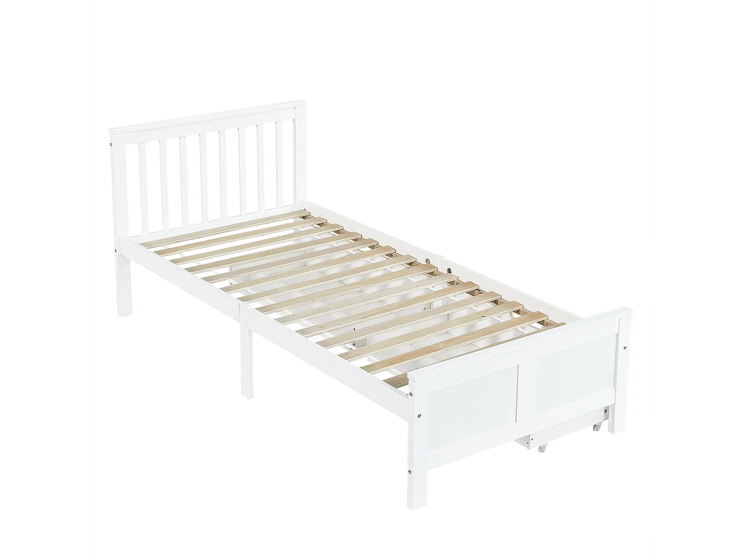 Lit simple 90x200 cm avec 2 tiroirs de rangement et tête de lit à barreaux en bois blanc (Sans matelas)