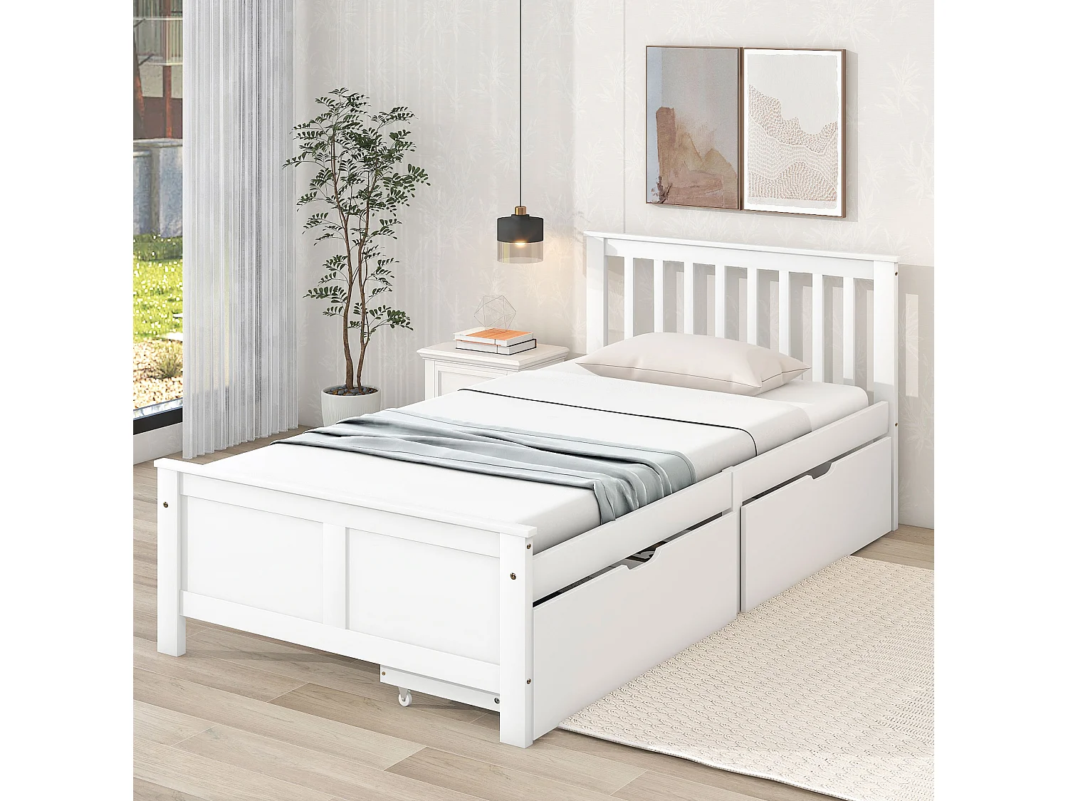 Lit simple 90x200 cm avec 2 tiroirs de rangement et tête de lit à barreaux en bois blanc (Sans matelas)